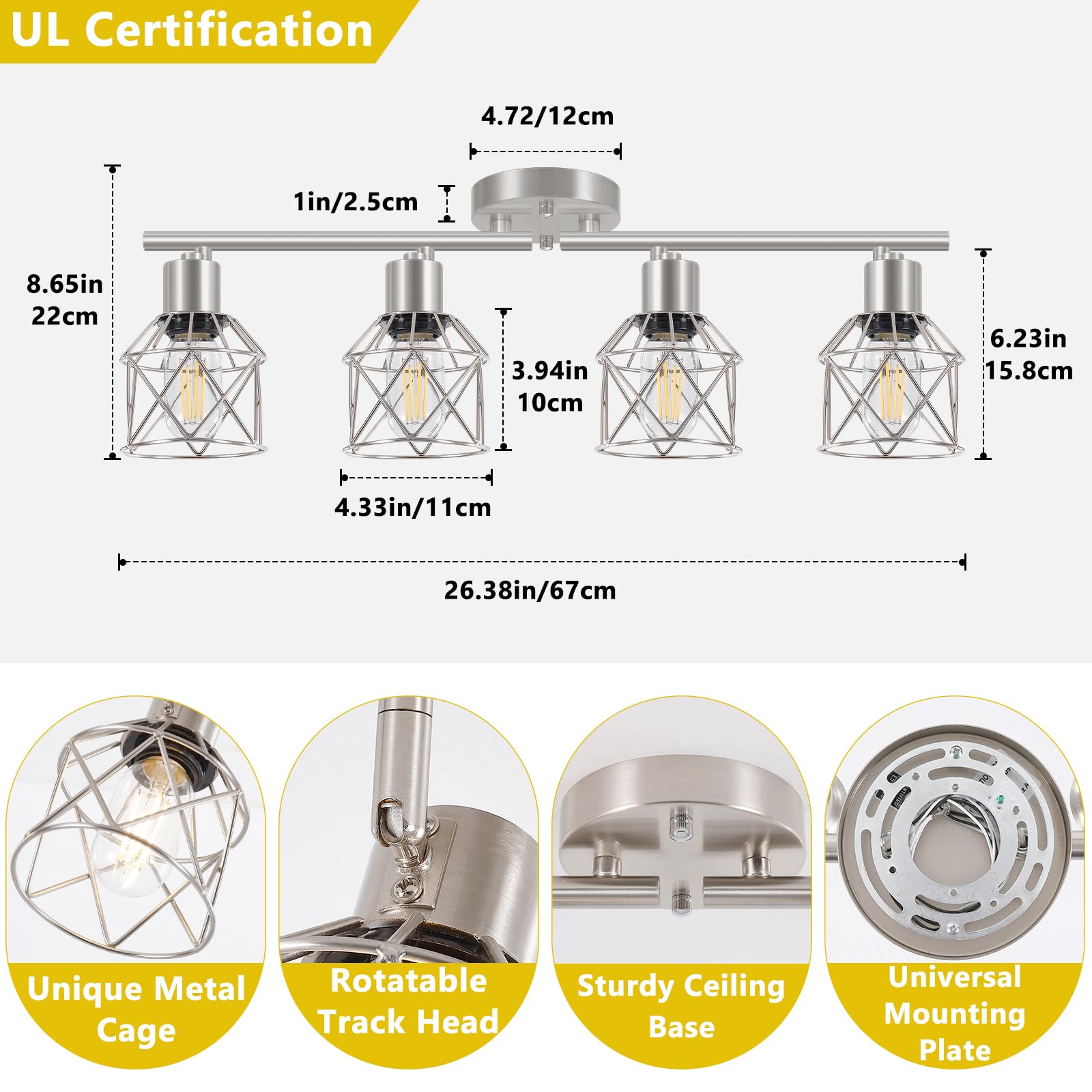 Baocuz 4-Light Kitchen Lighting Fixtures  Adjustable Multi-Directional Brushed Nickel Track Ceiling Light  Semi Flush Mount Ceiling Spotlight With Wire Cages For Living Room  Bedroom  Hallway