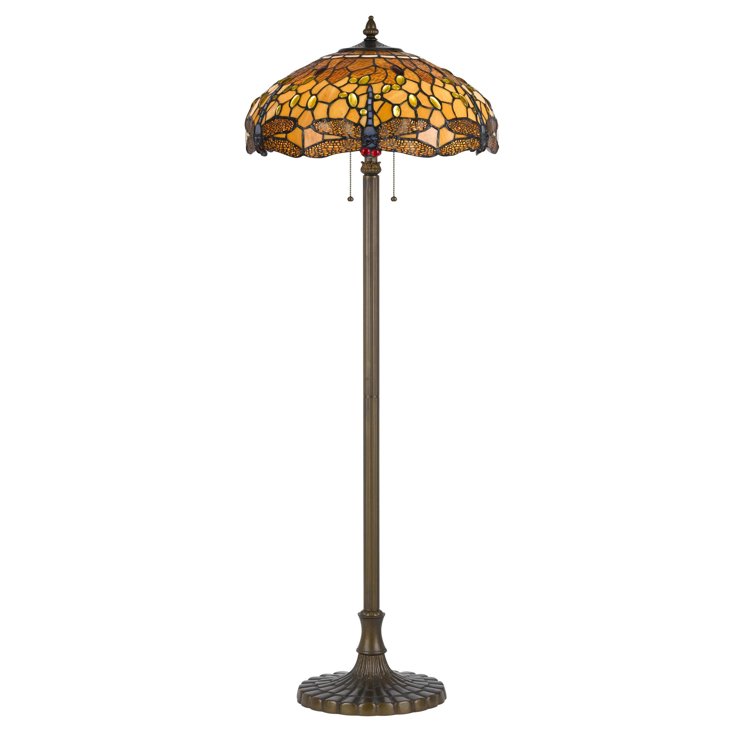 Benzara 2 Bulb Tiffany Floor Lamp, Dragonfly Design Shade, Metal, Multicolor, Model BM223536