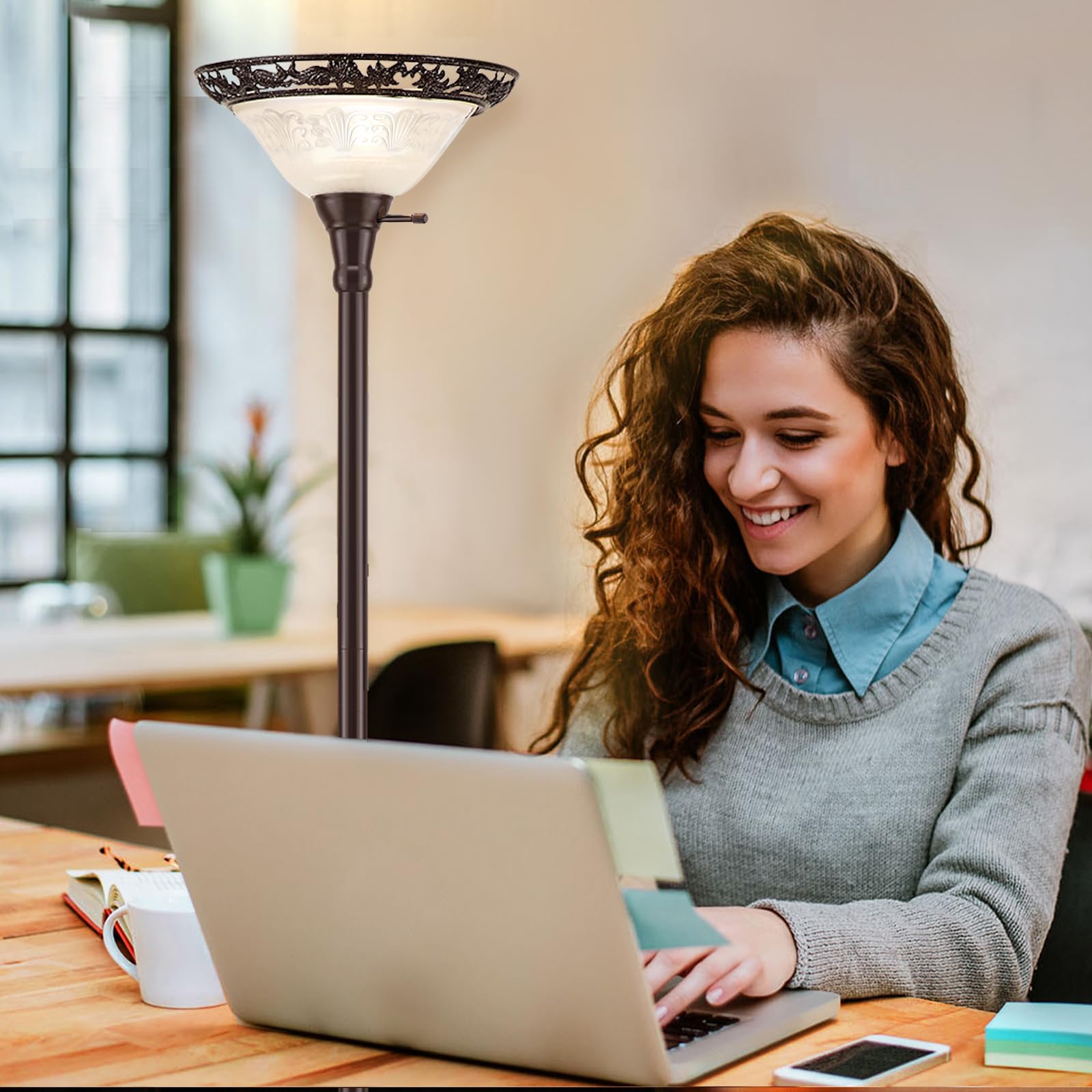Luvkczc Torchiere Floor Lamp - 70" Victorian Design with Etched Glass Shade, Red Brown Finish, Ideal for Living Room or Bedroom