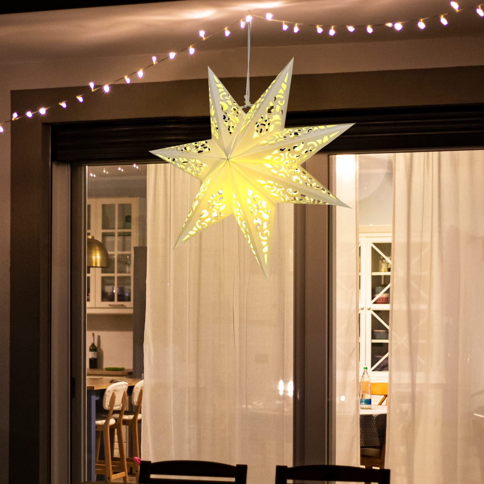 Kingdder Star Paper Lanterns with LED Light, 17.72 Inch, White Moroccan Design for Weddings, Christmas, and Birthday Decorations