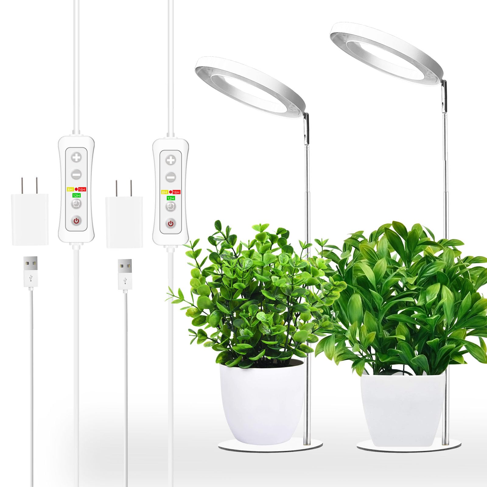 yadoker LED Grow Light for Indoor Plants, Height Adjustable, Automatic Timer, 10-Level Brightness, 2 Pack, White With Base