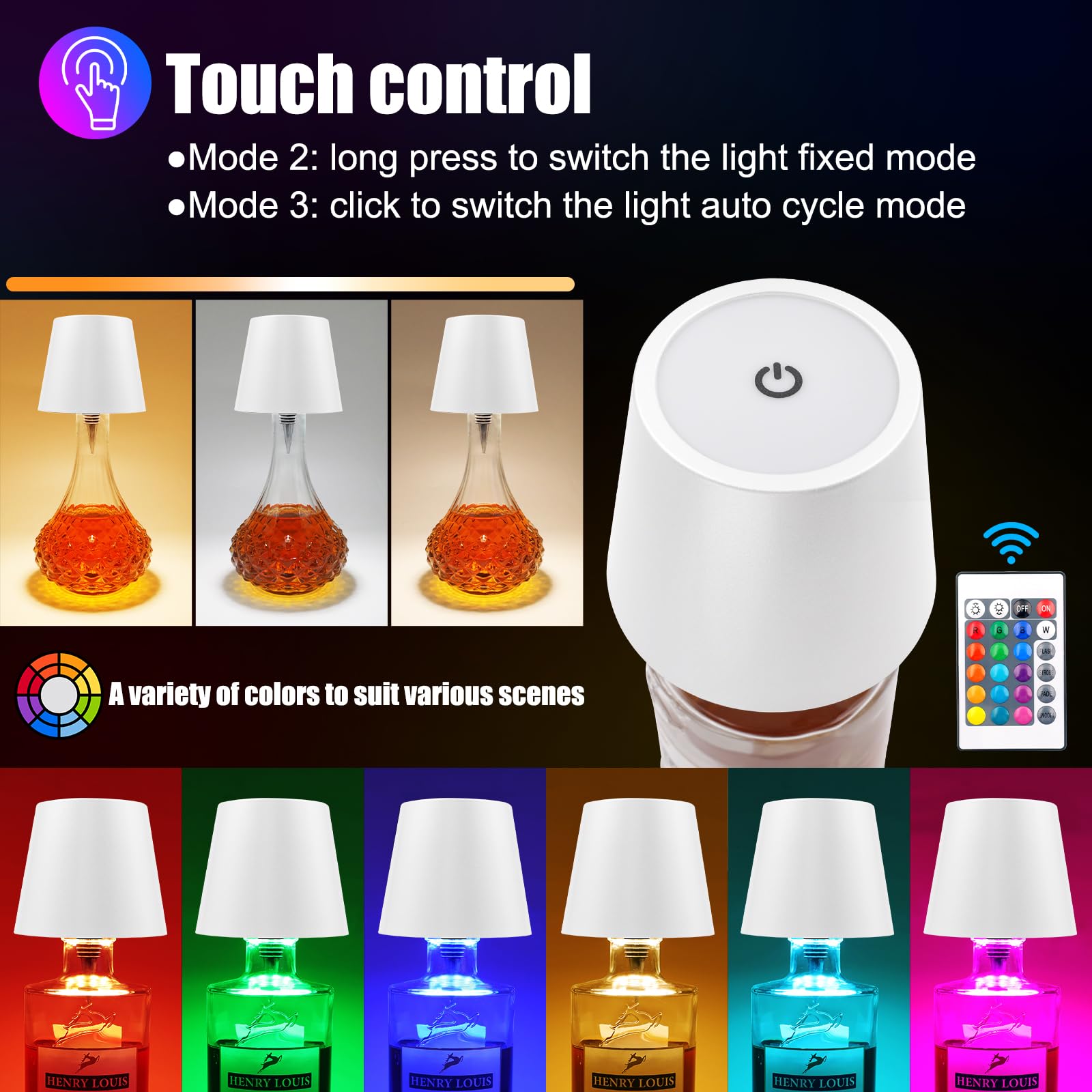 Wireless Bottle Lamp With Remote Control, Rechargeable Rgb Wine Bottle With 3Modes Light Dimming, Waterproof Touch Lamp Head For