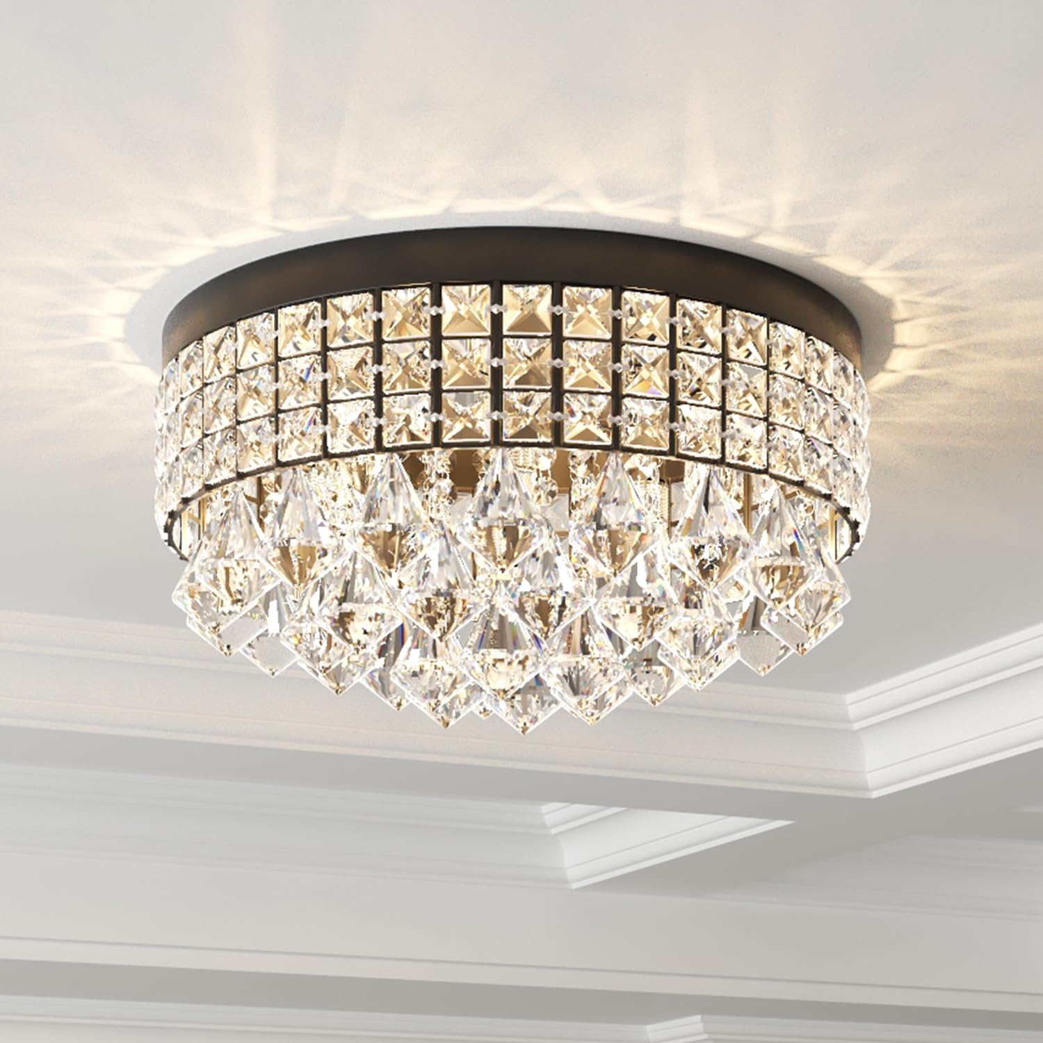 Maxax 4 Lights Crystal Chandelier, Recessed Drum Ceiling Light, Mini Crystal Flush Mount Round Metal Shade Raindrop Chandelier C