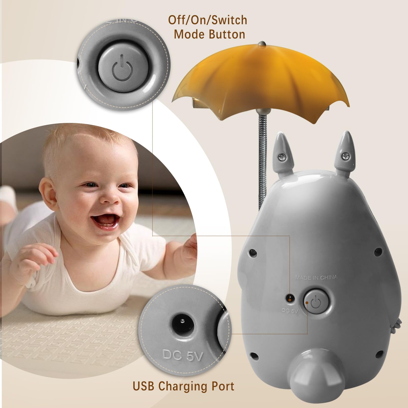 BATVOX Totoro Umbrella LED Night Light Lamp USB Charge - White Belly, Model BT-1014, Bonus Totoro Tumbler for Kids