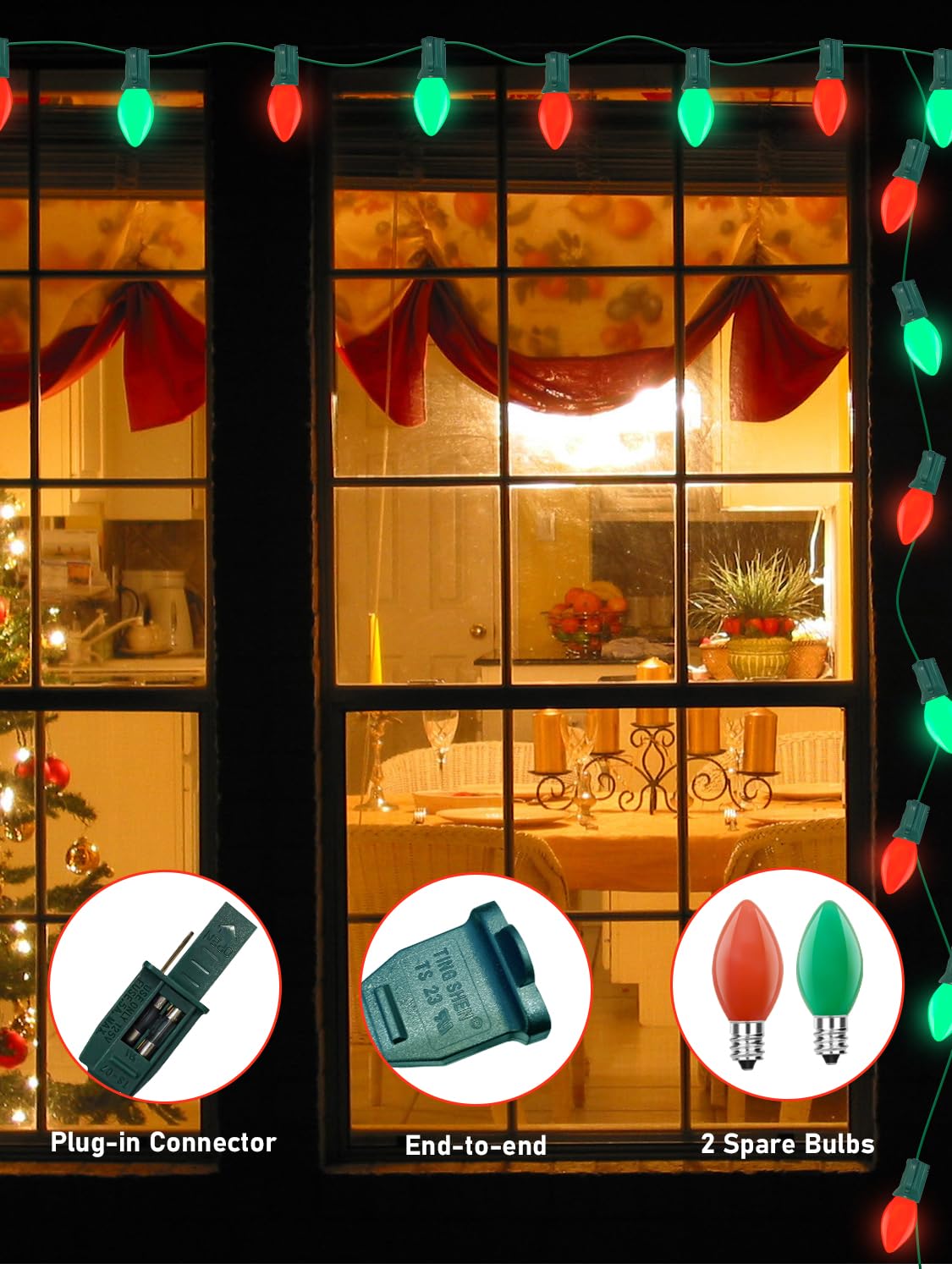 Sunsgne C7 Led Christmas Lights Outdoor, 25Ft Vintage Christmas Lights With 27 Led Red Green Plastic Bulbs(2 Spare), Hanging Chr