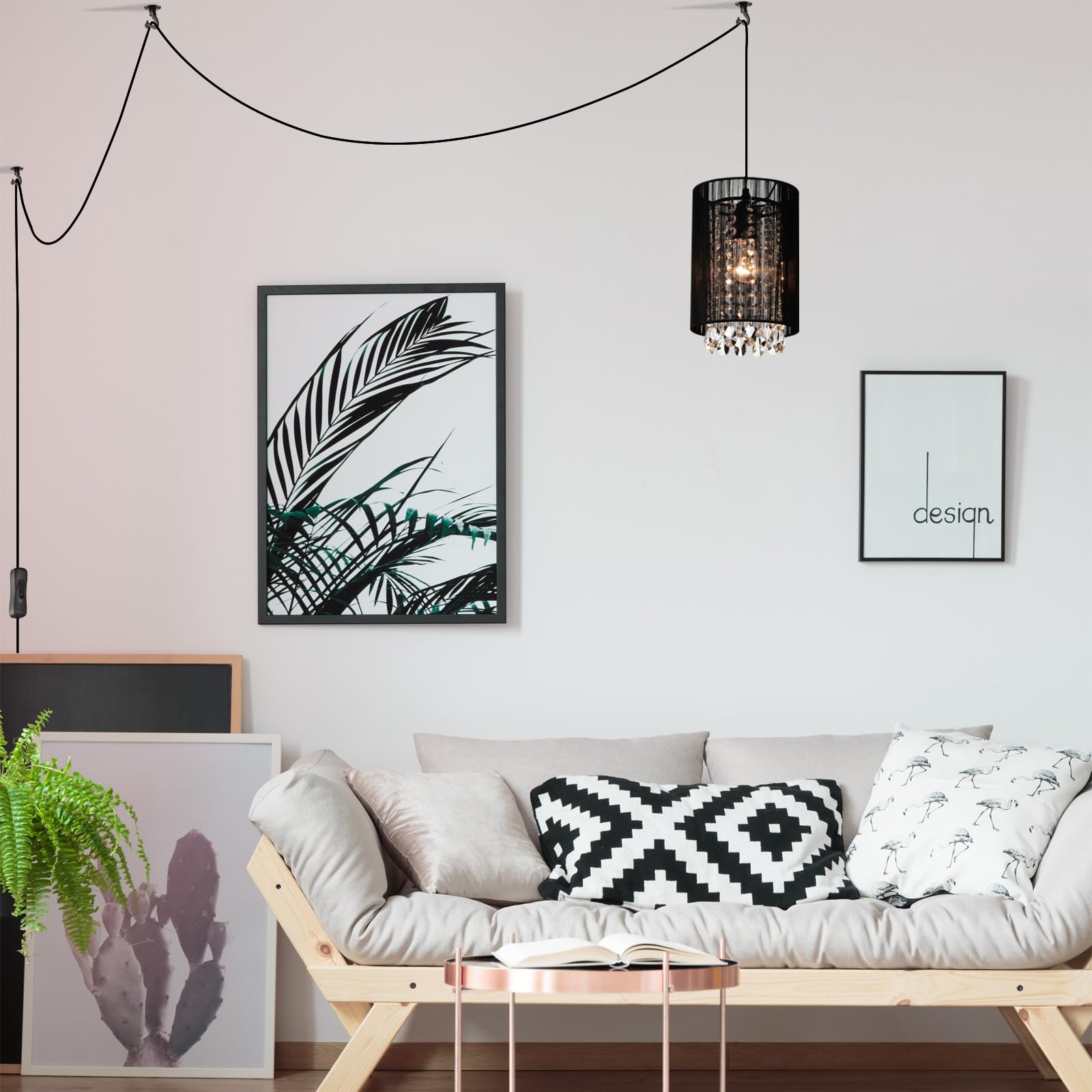LaLuLa Hanging Lamp, Black Cotton Chandelier, 1-Light Pendant Light, 7in Size, Model P17168PK-P