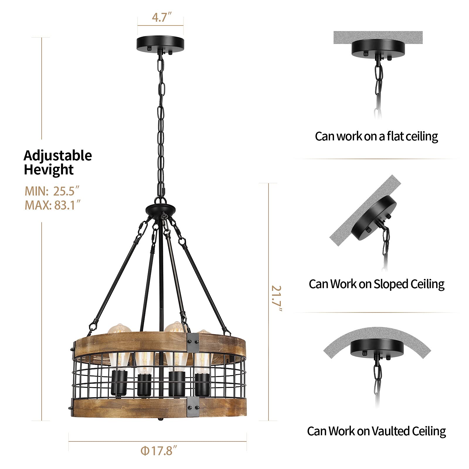 WOAEKR 4-Light Rustic Chandelier - Round Farmhouse Pendant Lighting, 17.8" Black Metal & Nature Wood Finish