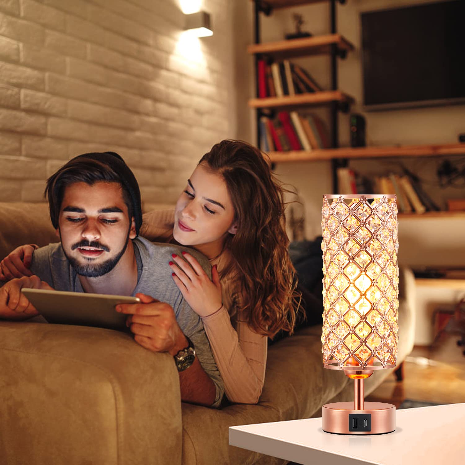 Hong-In Rose Gold Crystal Table Lamp, Usb C+A, 3-Way Dimmable Touch, Bulb Included