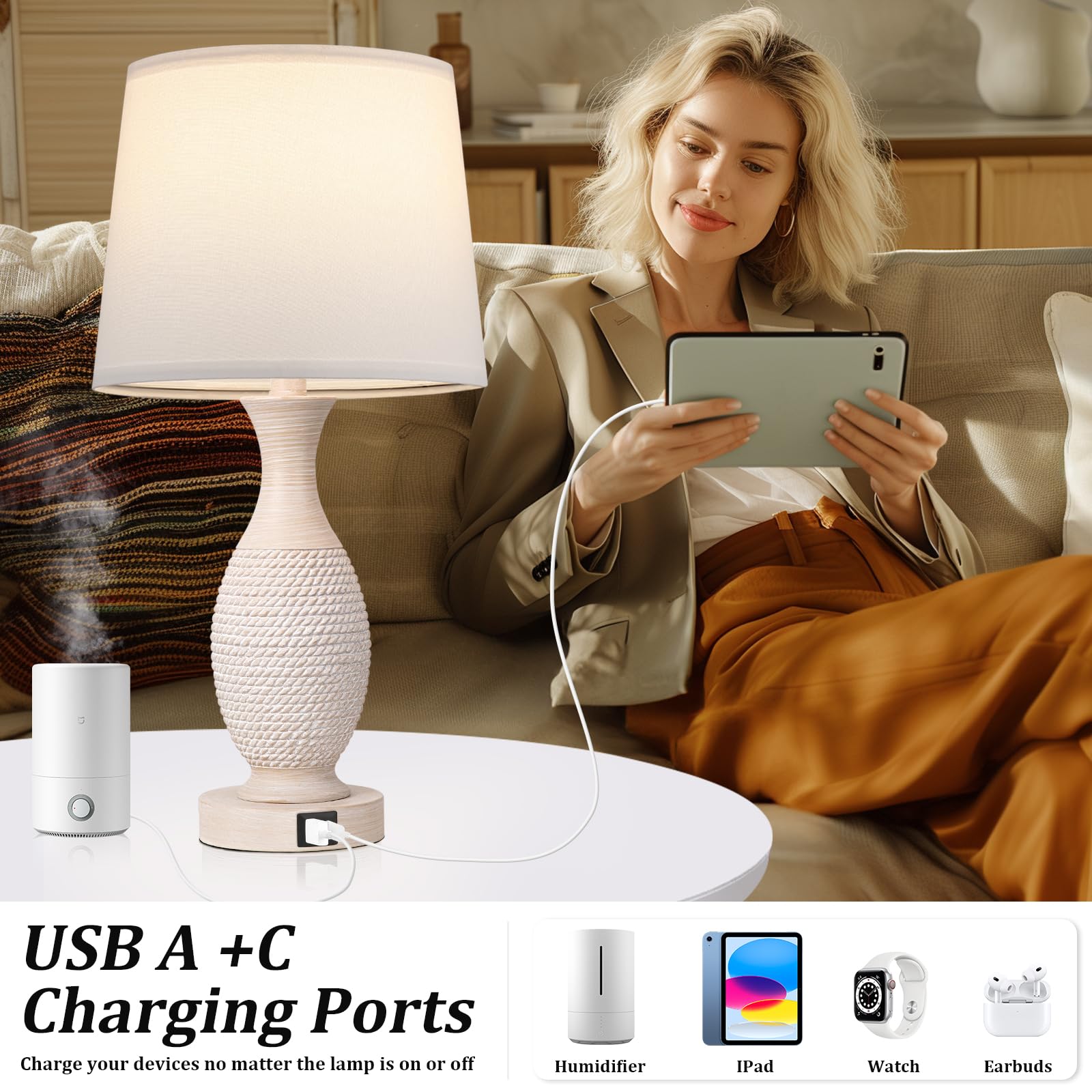 Seealle Dimmable Touch Bedside Lamps Set of 2 with USB C+A, 22.2" White Shade, Model 07031, Bulbs Included