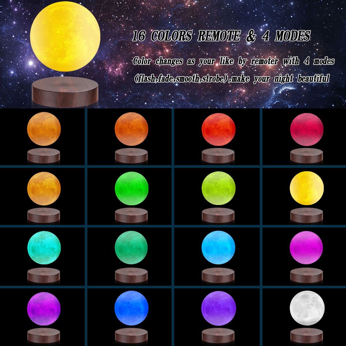 Vgazer Levitating Moon Lamp - 3D Printed, 16 Color Modes, Remote Control, Unique Gifts For Christmas, Room Decor, Office Desk