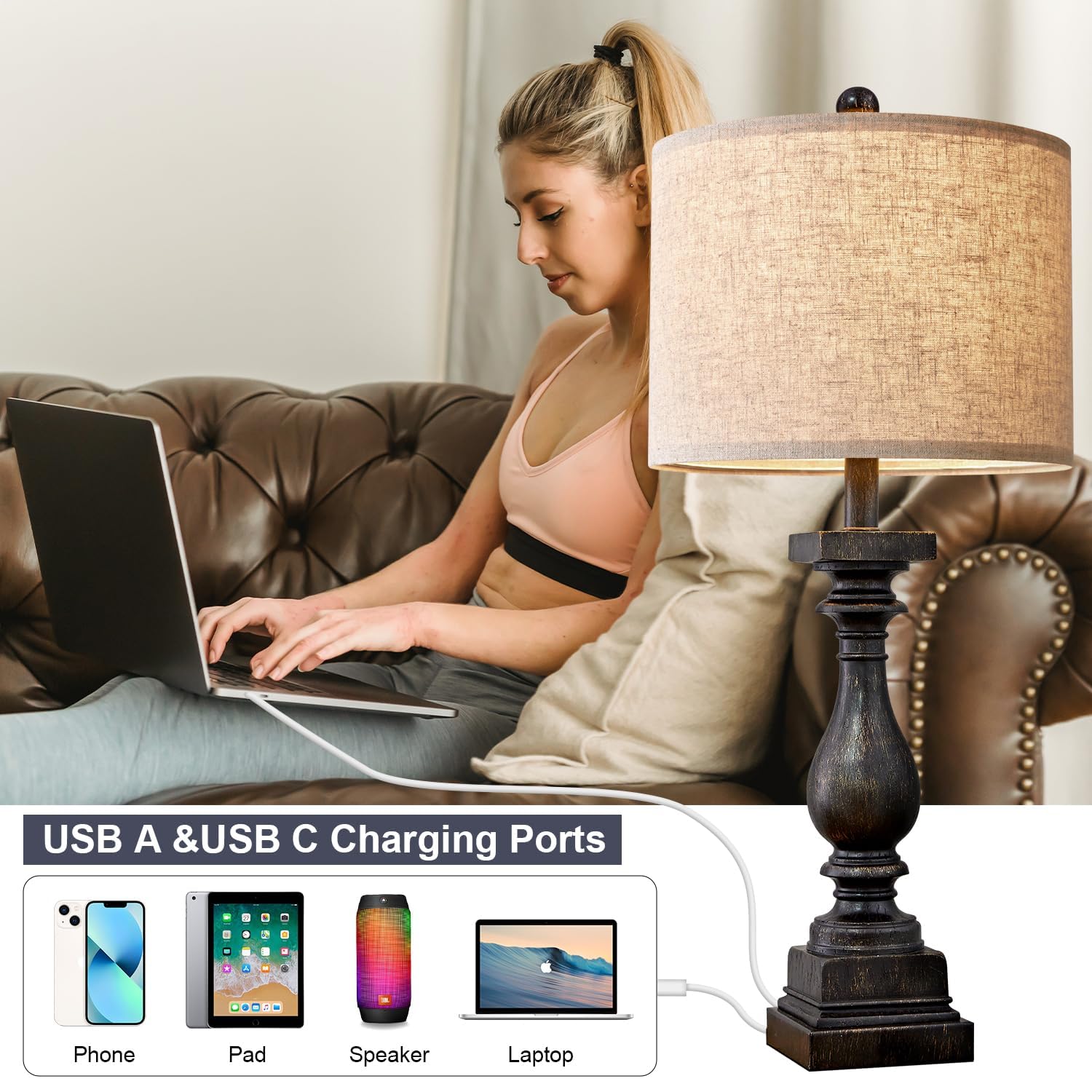 BOBOMOMO Retro Side Table Lamp 27in USB Charging A/C Resin Black 1 Pack Model AMZ-T279BLG-U-1