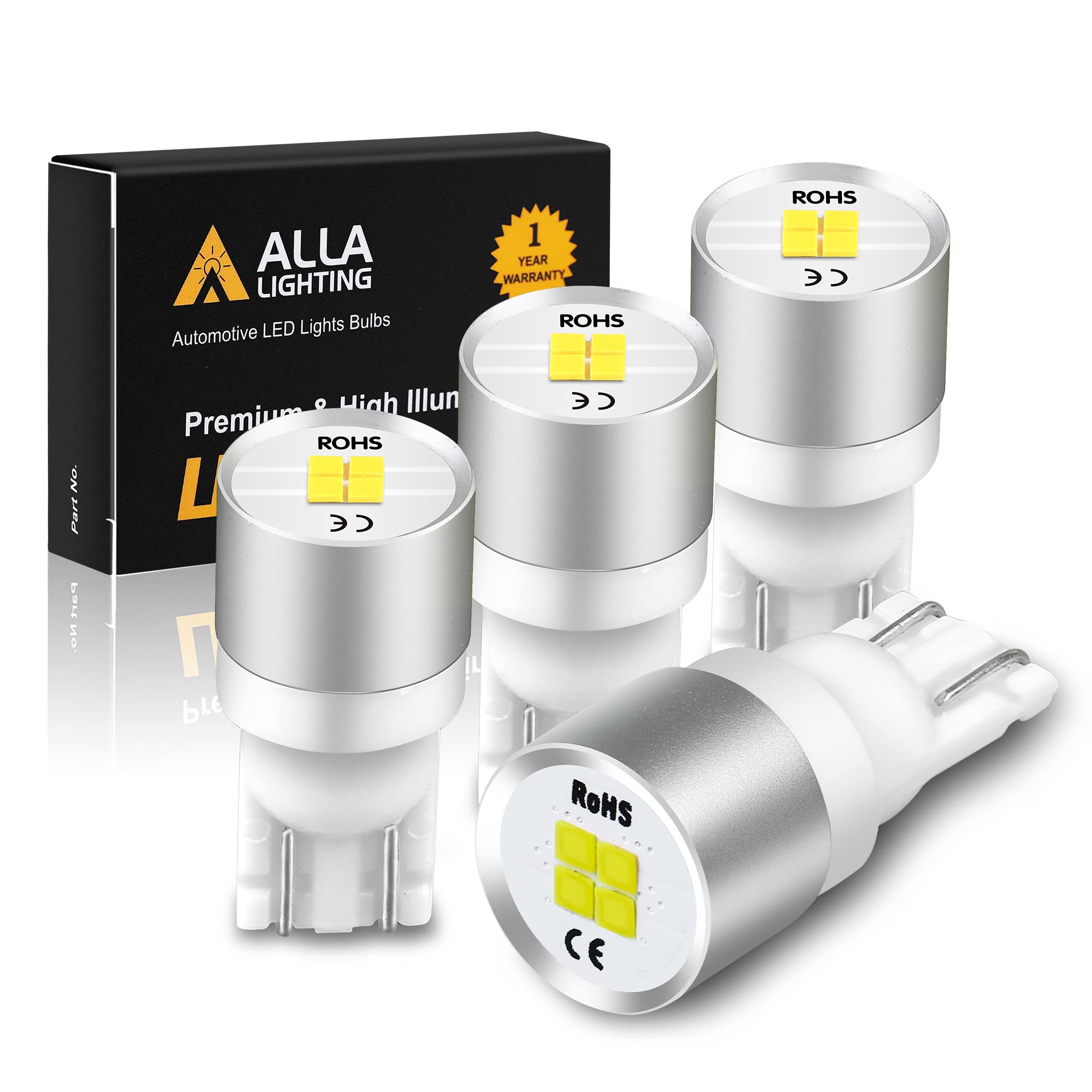 Alla Lighting Newest 4x T10 194 168 LED Bulbs W5W 2825 175 158 CAN-Bus, 6000K White License, Parking, Map, Dome, Door, Trunk Lights, Super Bright 12V SMD Replacement for Cars, Trucks, RVs