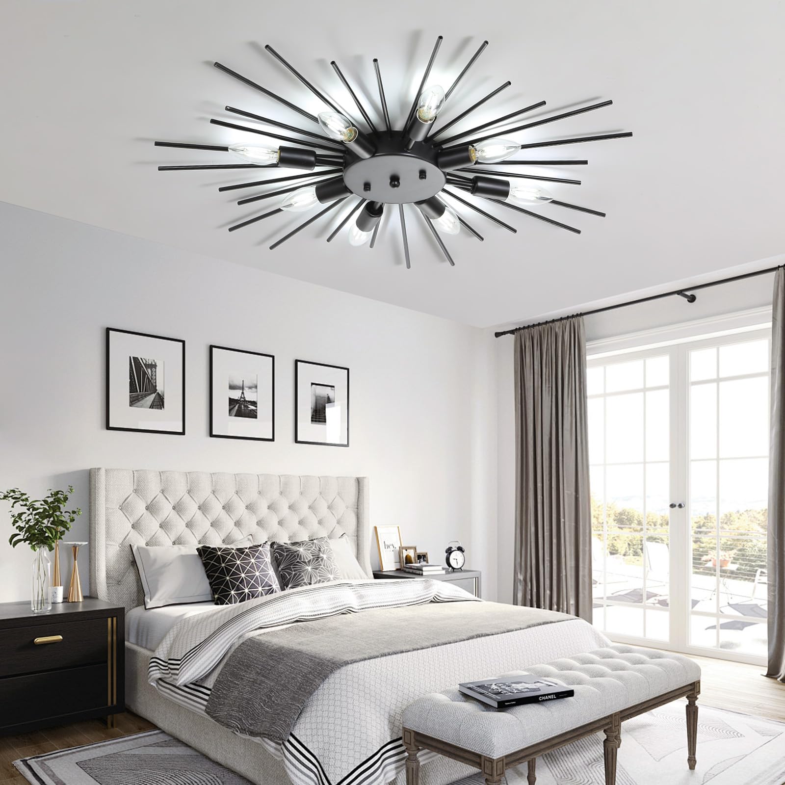 Yunnix Semi Flush Mount 8 Lights Satellite Metal Ceiling Light Gold Modern Ceiling Light Dining Room Light Fixture Gold Light Fi