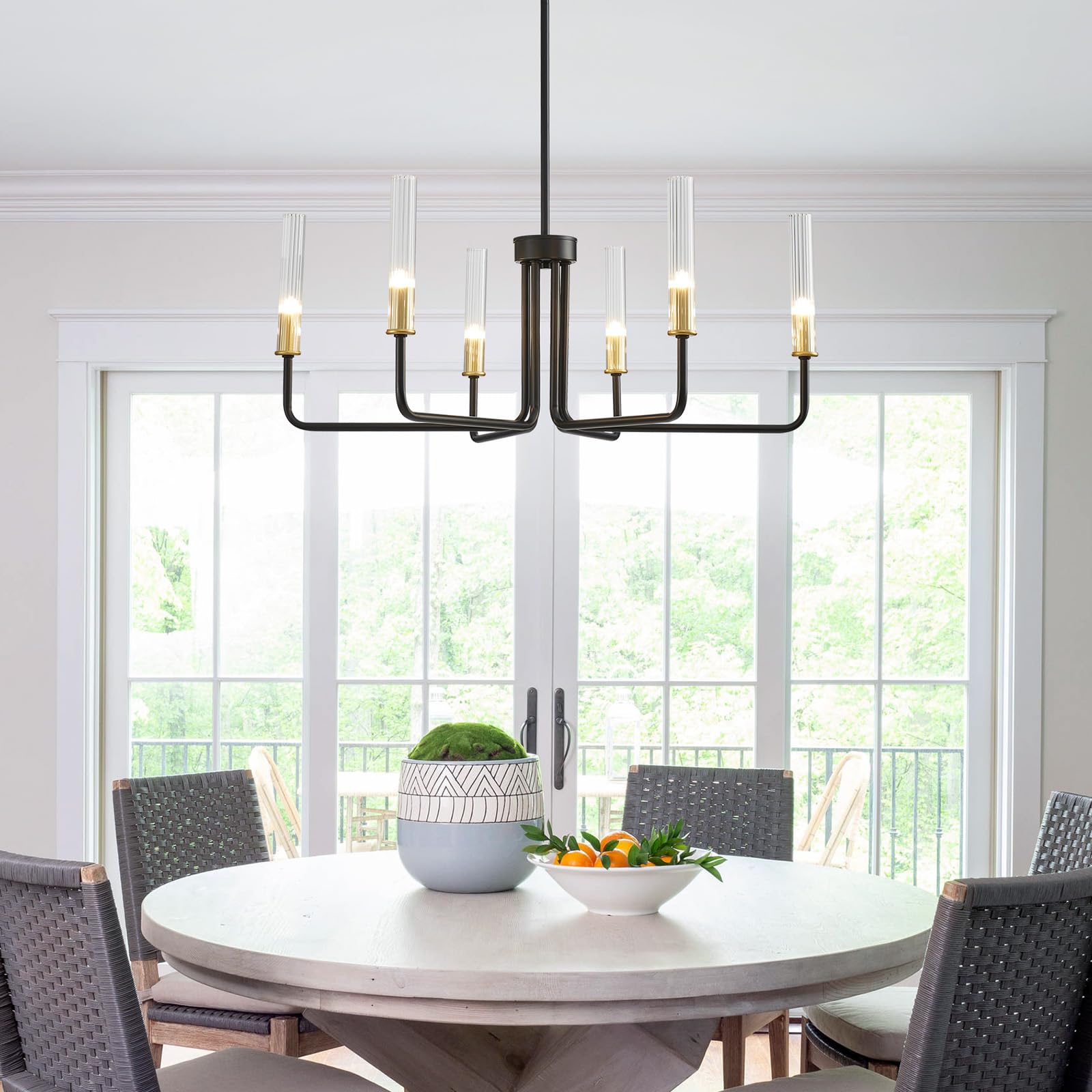 Saint Mossi Black Wagon Wheel Chandelier For Dinning Room, Modern Pendant Light Fixture With Glass Shades For Living Room, Entry