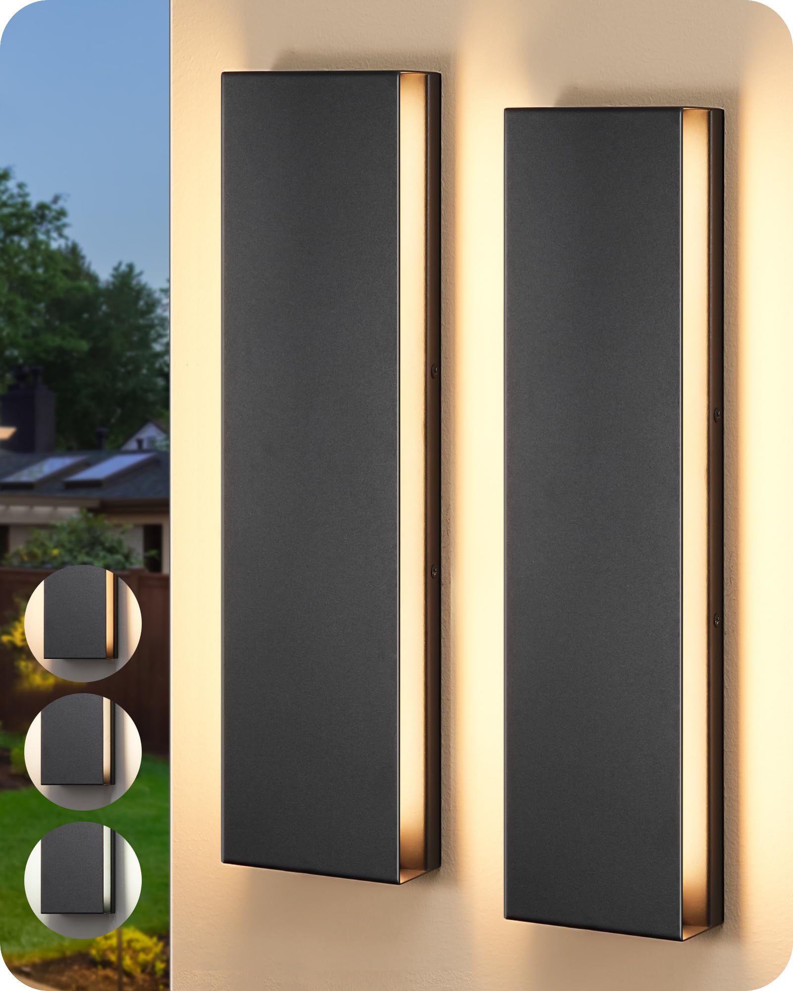EDISHINE 2 Pack Modern LED Outdoor Wall Lights Dimmable, 3CCT (3000K 4000K 5000K), 15.7 Black Exterior Light Fixtures, Weather