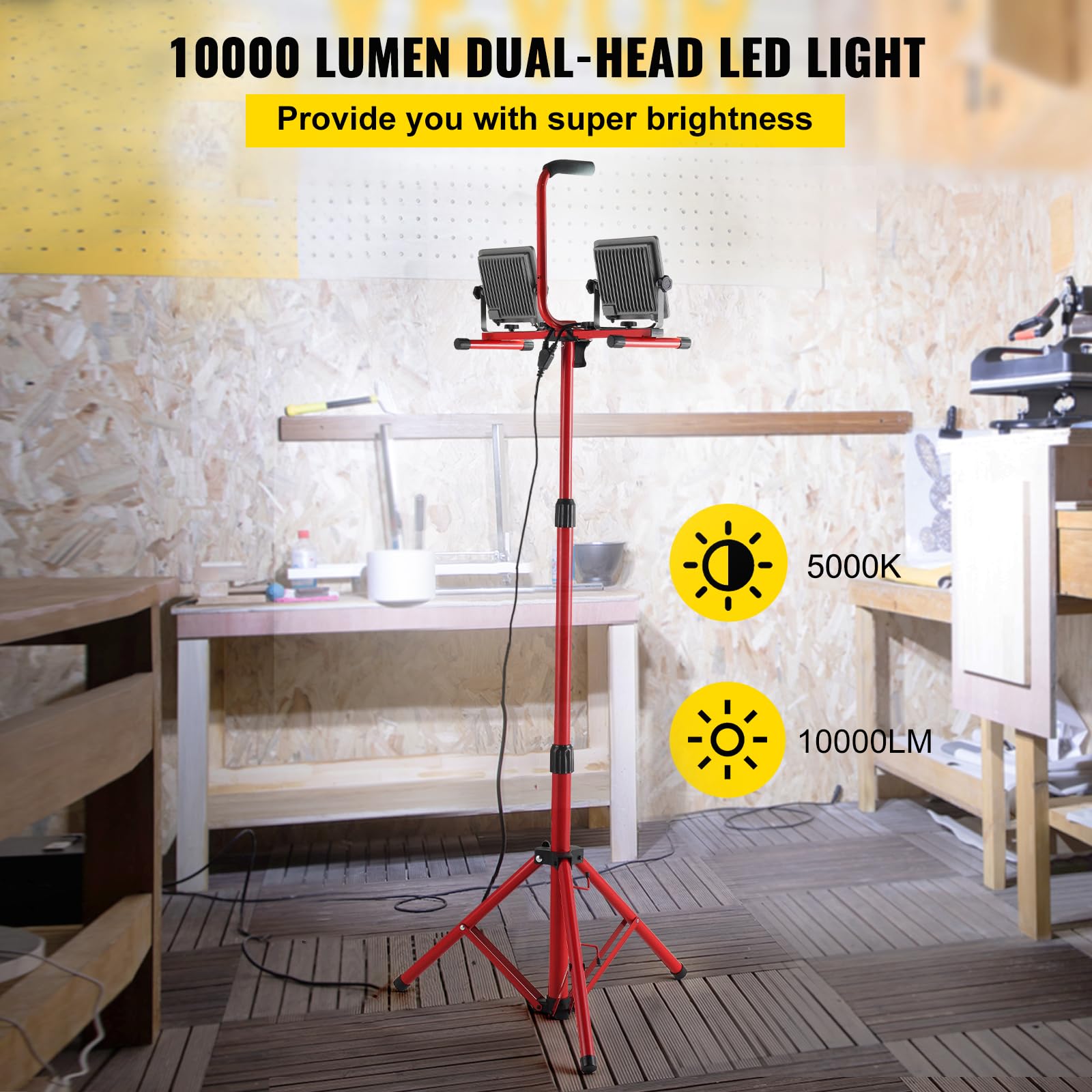 Vevor Led Work Light With Stand, 2Pcs 10000 Lumen Dual-Head Led Work Light With 27.6''-68.1'' Adjustable And Foldable Tripod Sta