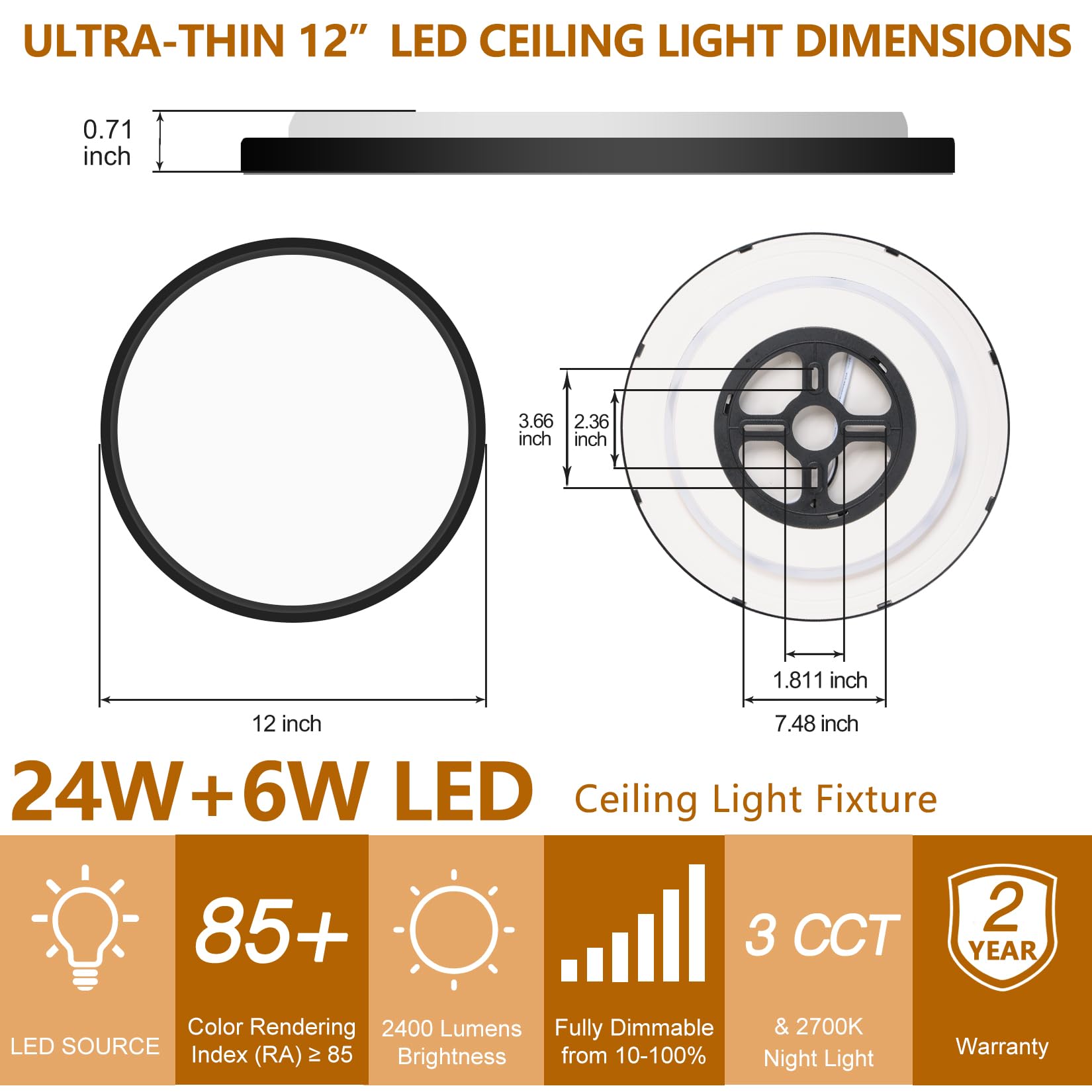 Bargeni Led Flush Mount Ceiling Light,12 Inch Ceiling Light Fixture With Night Light,24W/3000K/4000K/5000K Dimmable,Ultra-Thin L