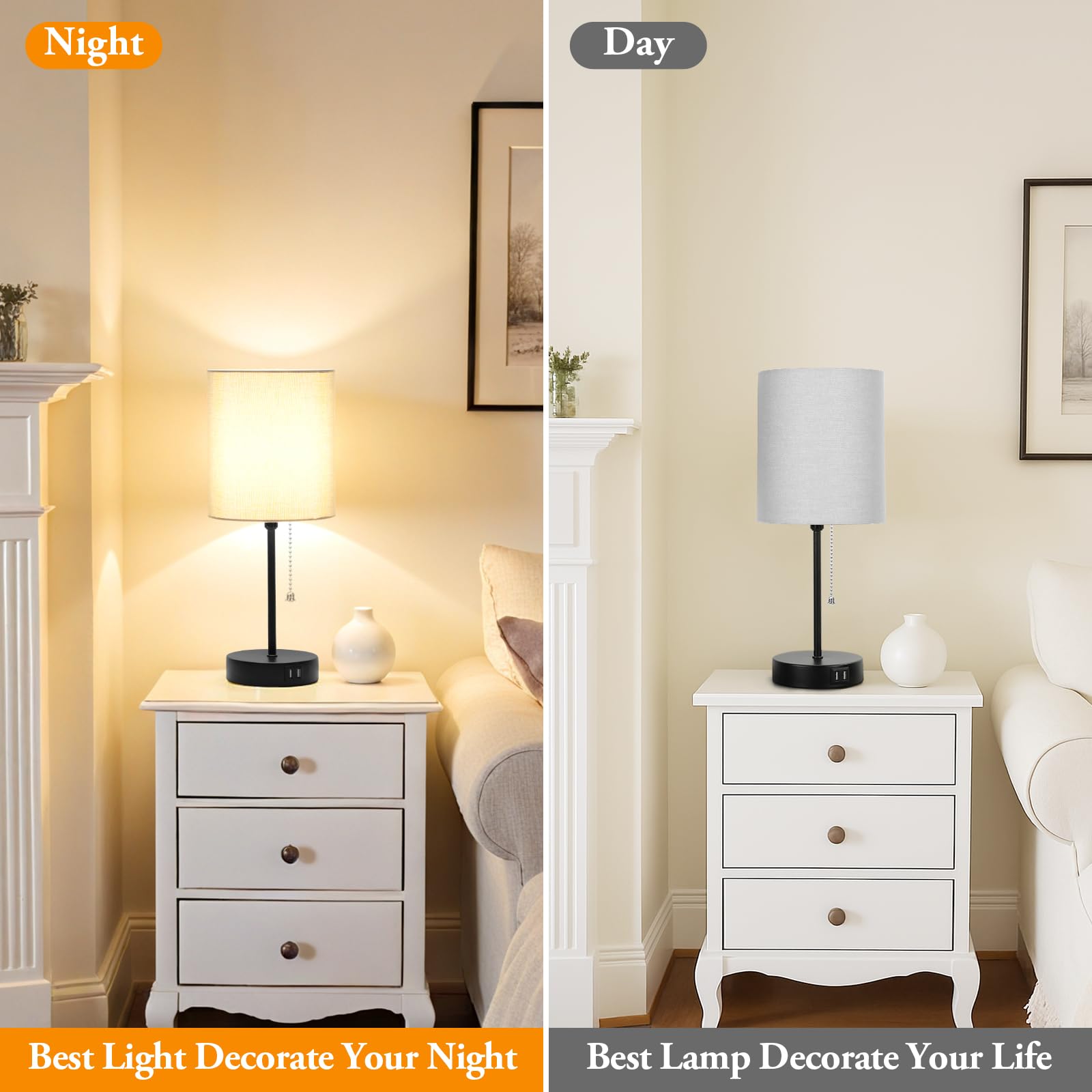 Bosceos Table Lamps Set of 2, Grey Fabric Shade, USB Charging Ports, AC Outlet, Modern Design, Model T0412 BK+GY