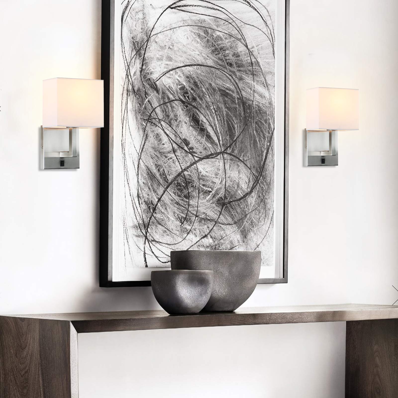 Permo Single Wall Sconce Light Fixture Brushed Finish With White Textile Shades And On/Off Switch Button Small Modern Nightstand