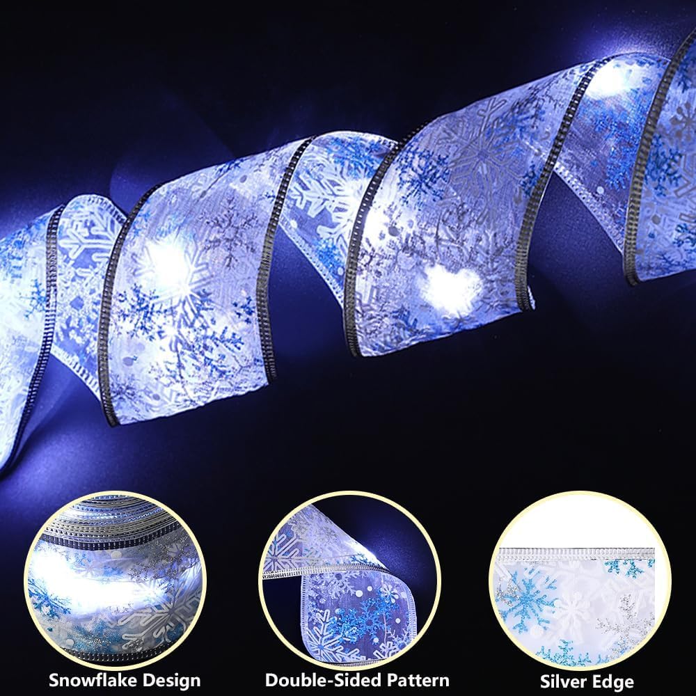 Christmas Tree Decorations Ribbon Lights, 32Ft 100 Led String Lights, Battery-Powered Copper Wire Christmas Tree Ribbon Lights For Holiday Party Weddings Indoor Christmas Tree Decorations (Silver)