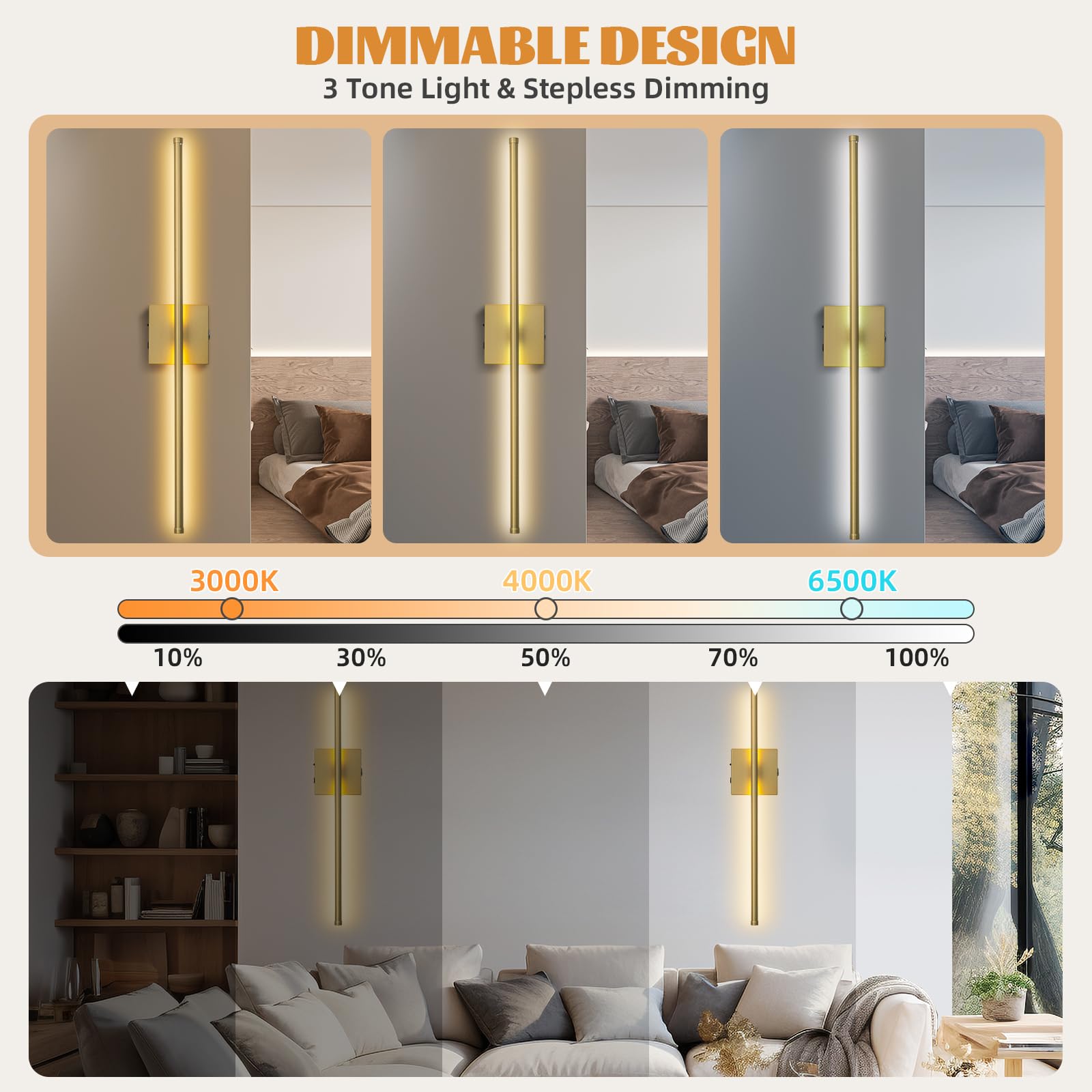 usiopup Battery Operated Wall Sconces Set of Two, 28.3-Inch Gold Metal Fixtures with Remote Control for Bathroom, Bedroom, Living Room