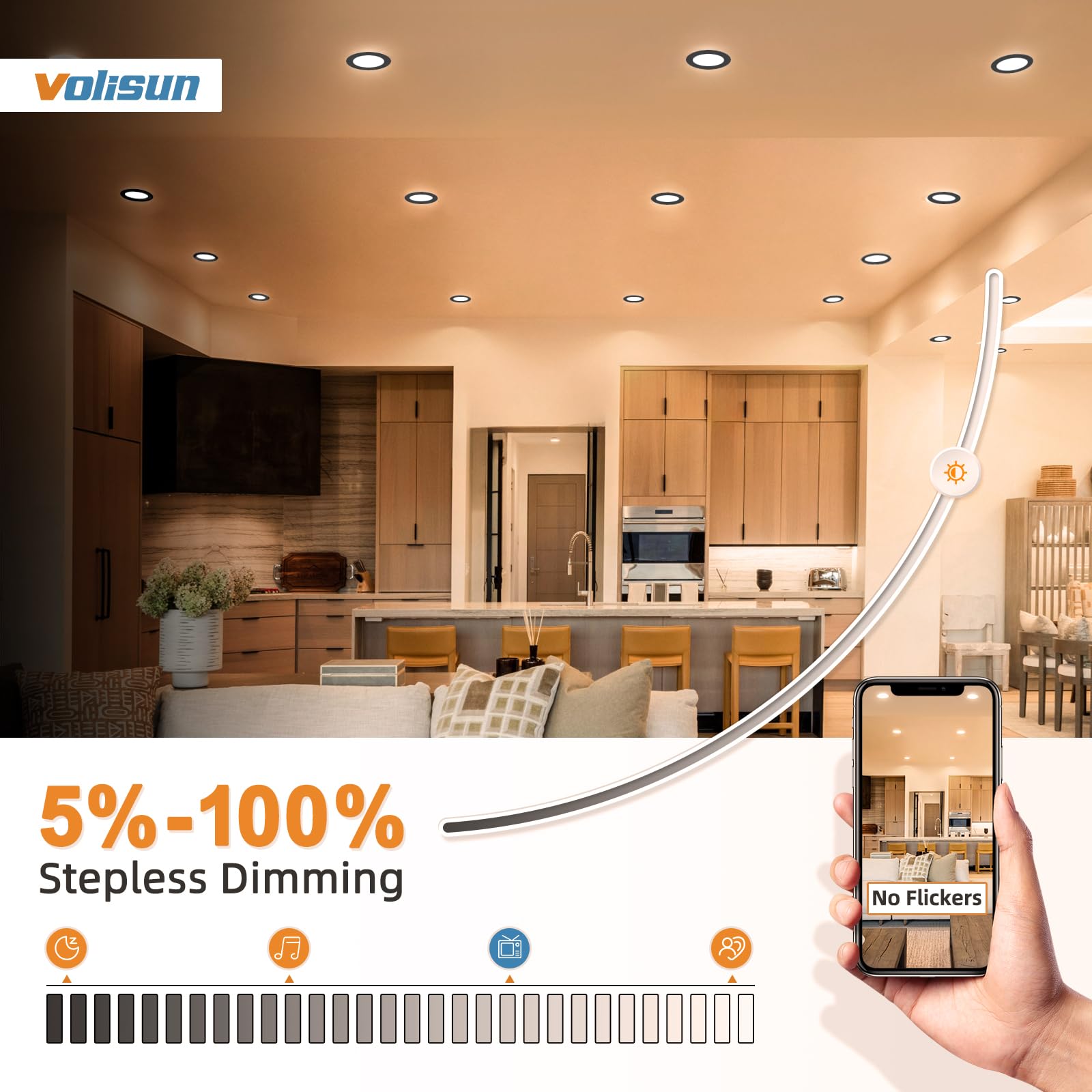 VOLISUN 4 Inch Black Dimmable LED Recessed Lighting, 5CCT Selectable, Canless Wafer Downlight, Model 21366ZM
