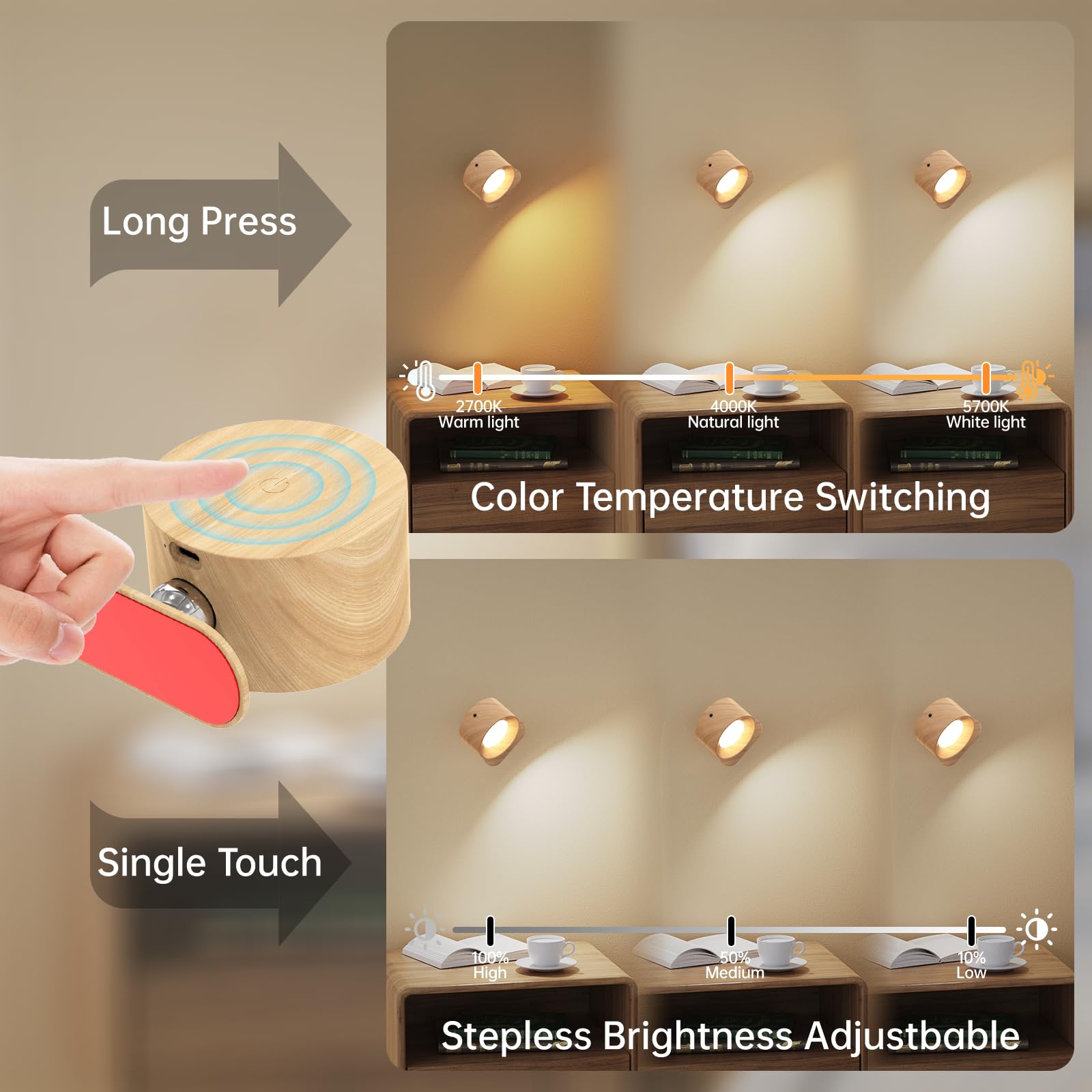 AKSDA 3-Pack Battery Operated Wall Sconce, LED Lamp with Remote, 3 Color Modes, 3 Brightness Levels, Wood Finish, Model DS126PRO
