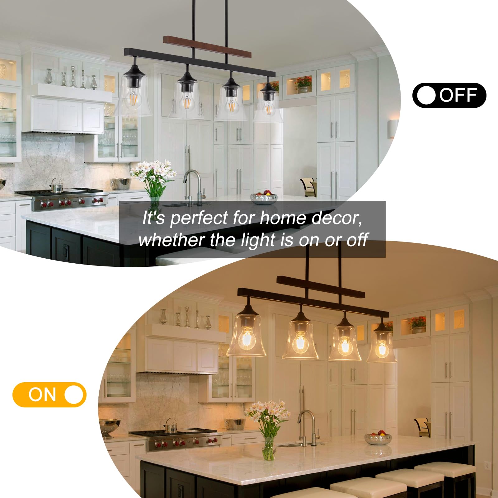 HOGBU 4-Light Dining Room Light Fixture, Clear Glass Pendant Chandelier, Metal, Model G014P-4BK, Farmhouse Style for Kitchen Island