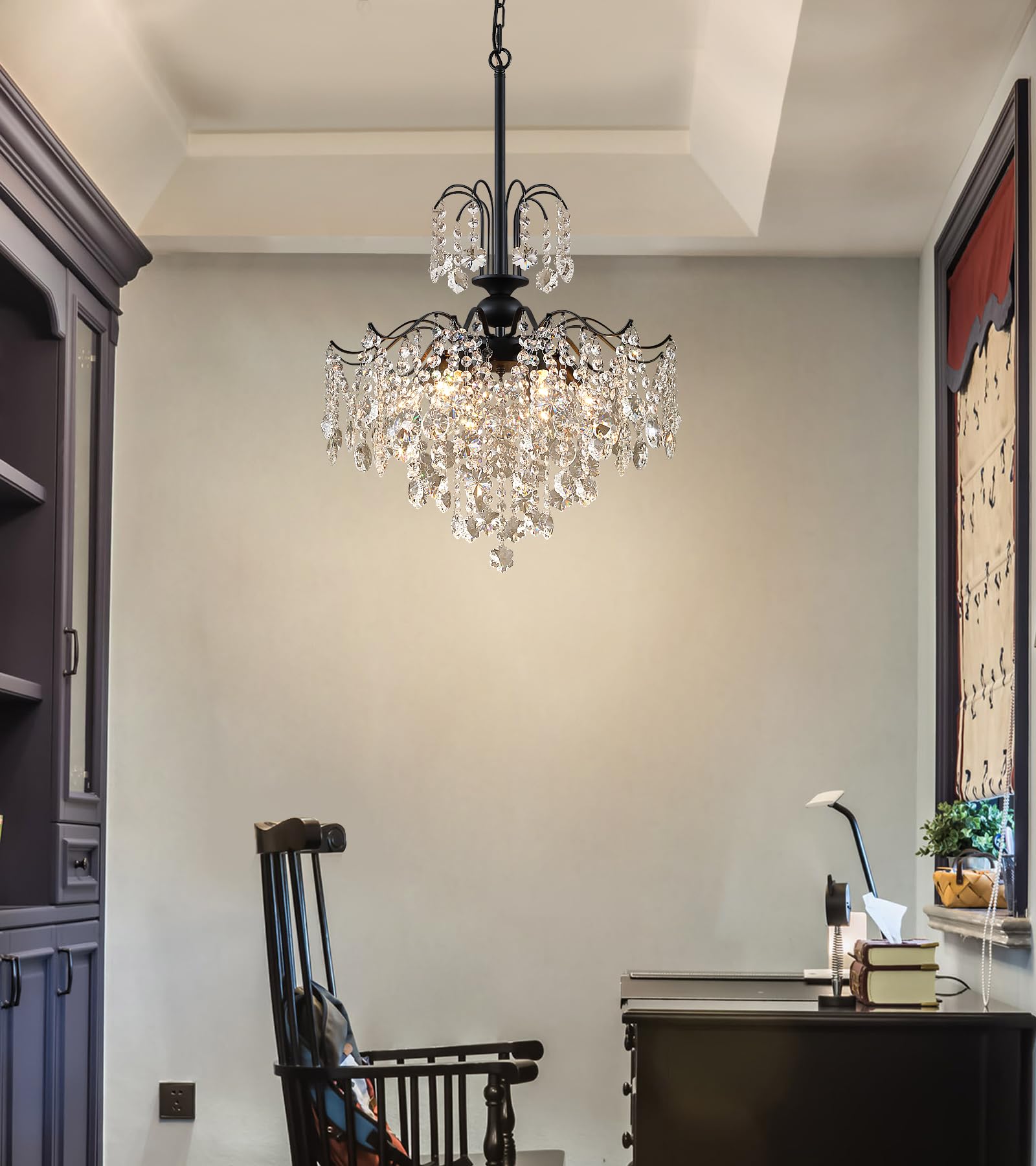 Q&S Crystal Chandelier - Modern Black Pendant Light, 6 Lights, 20IN for Dining Room, UL Listed, Model P2001-6BK