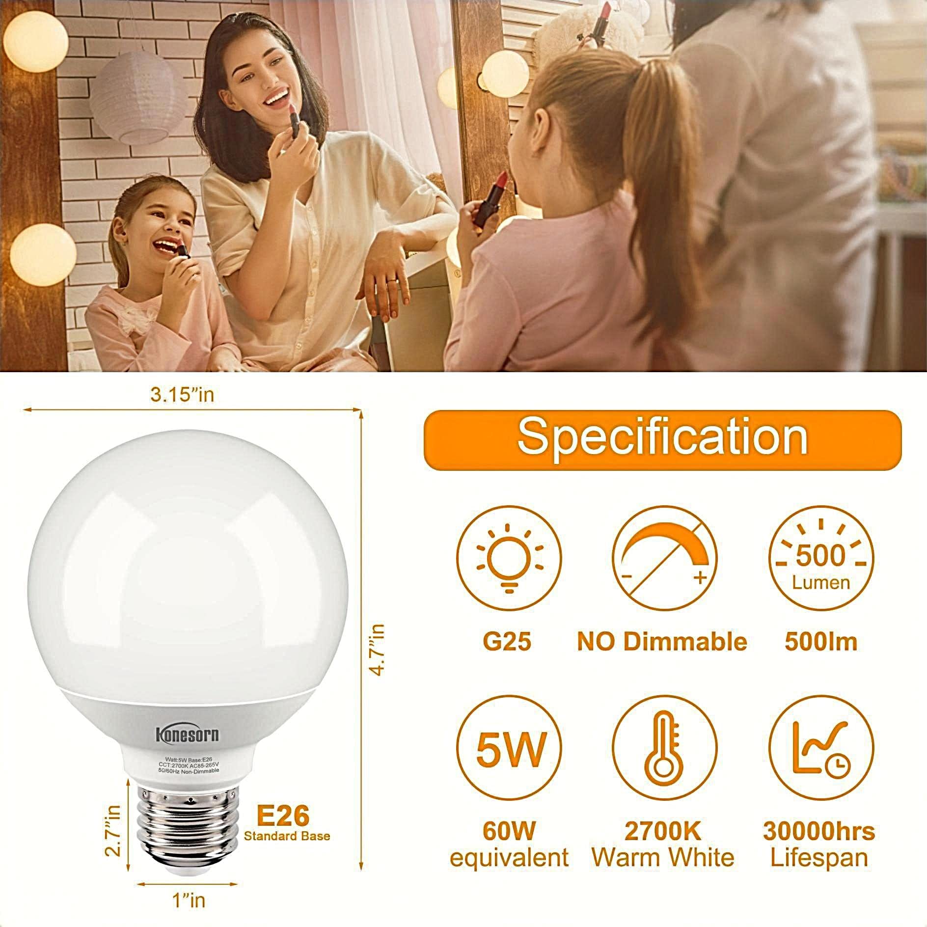 Honesorn Bathroom Light Bulbs 10 Pack, 60 Watt Equivalent, 2700K Warm White Globe Light Bulbs For Vanity Mirror, G25 Led Bulb E2