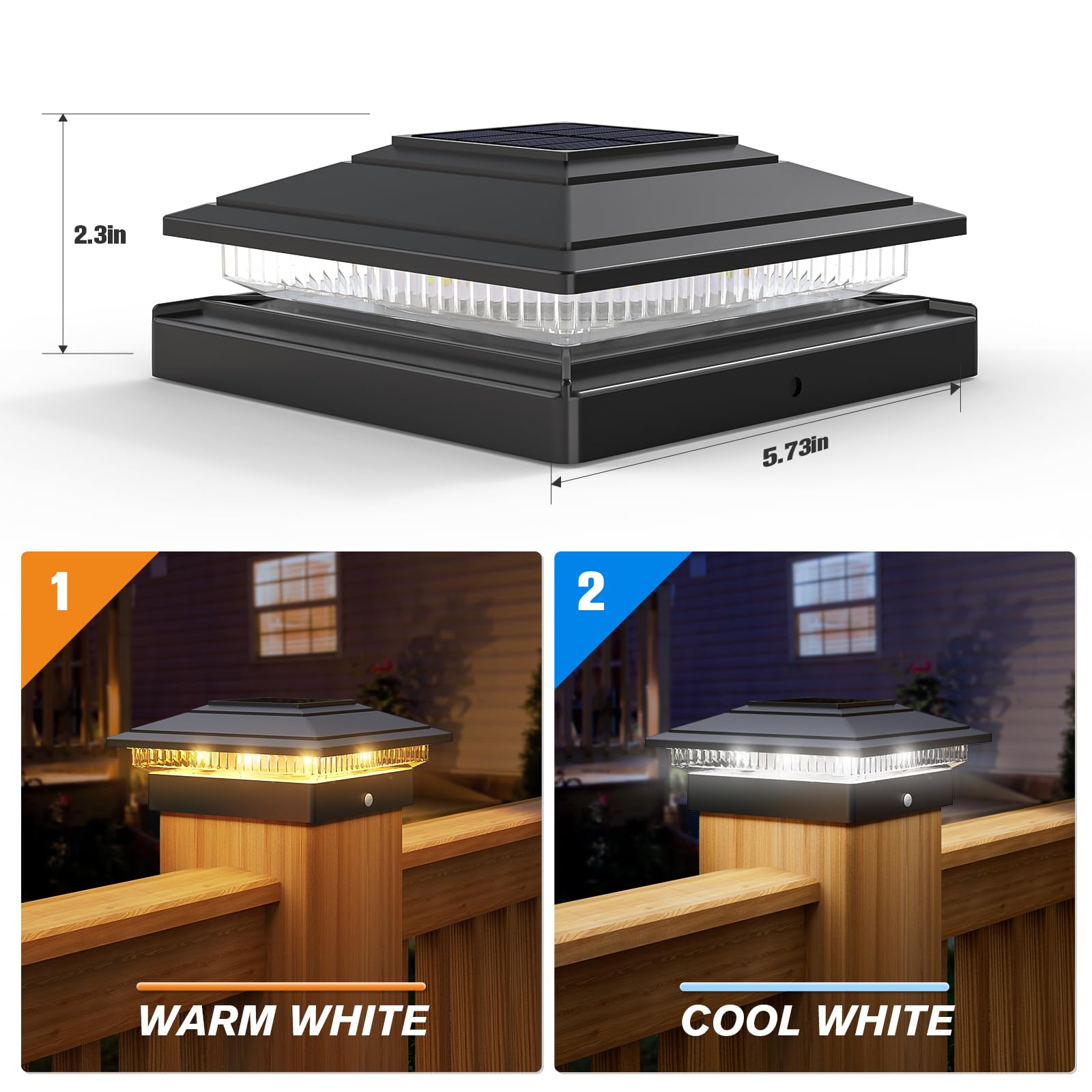 Volisun Solar Fence - Post Lights, Solar Post Cap Light Outdoor Waterproof 6Pack, Black Deck Cap Light Solar Powered, For 4X4 5X