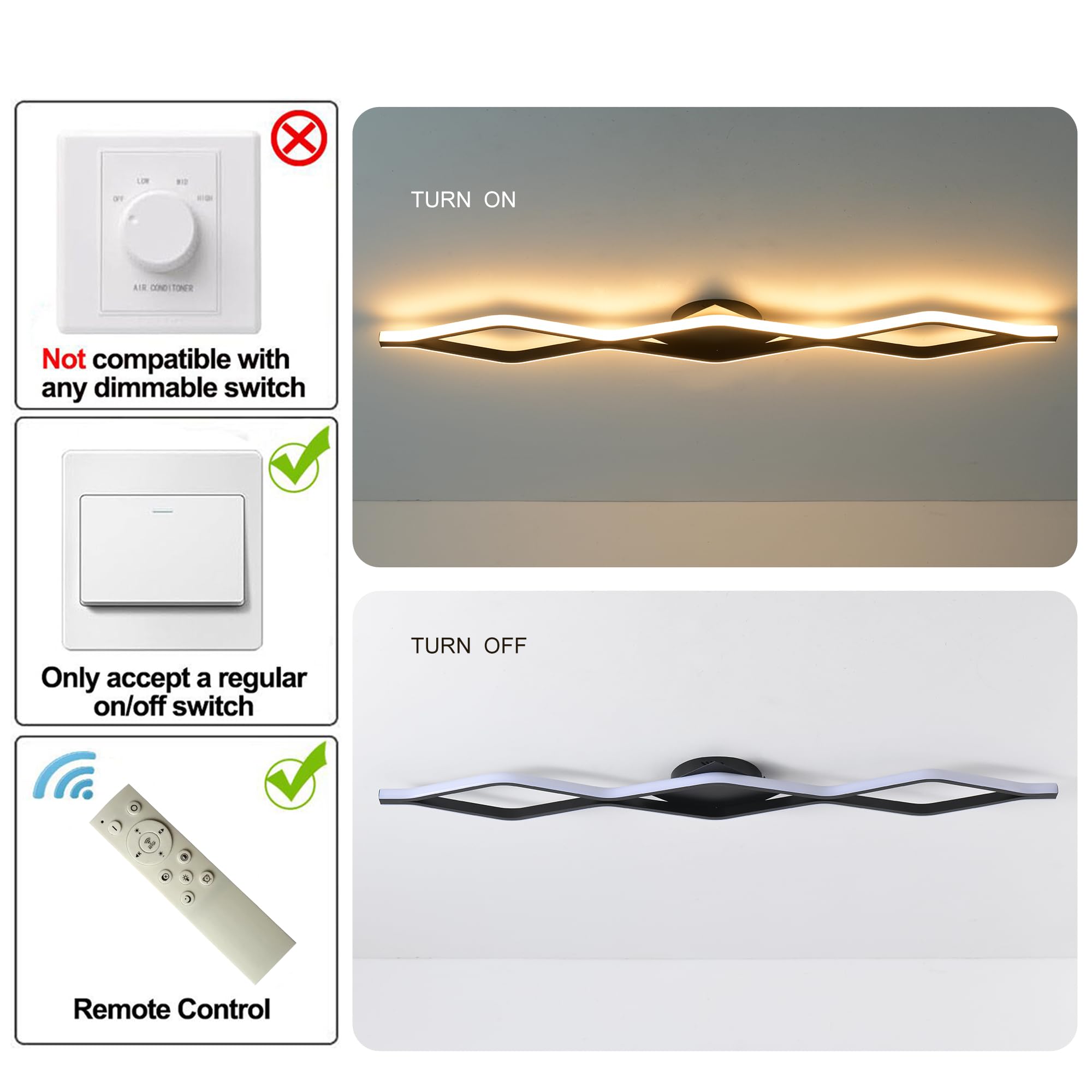 Qcyuui Dimmable Led Ceiling Lights 46.4 Kitchen Lighting Fixtures Ceiling Black Flush Mount Ceiling Light With Remote Linear Ceiling Light For Kitchen Bedroom Dining Room Hallway 24W