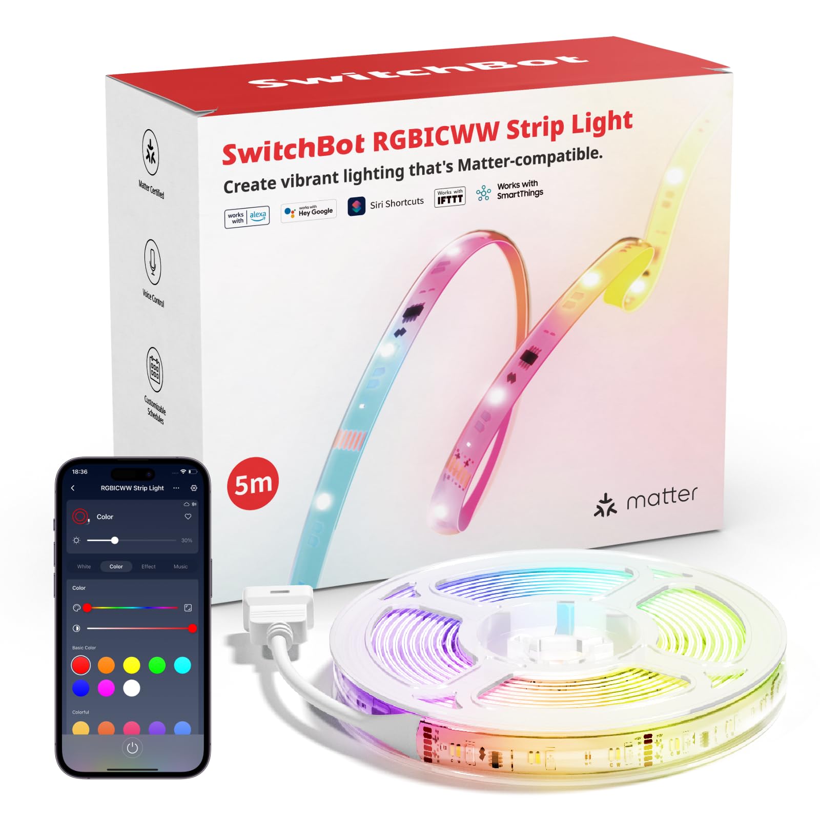 SwitchBot LED Strip Light - 5M, RGBICWW, 72 LEDs/m, Music Sync, Compatible with Apple Home, Alexa, Google Home, Model W1702109