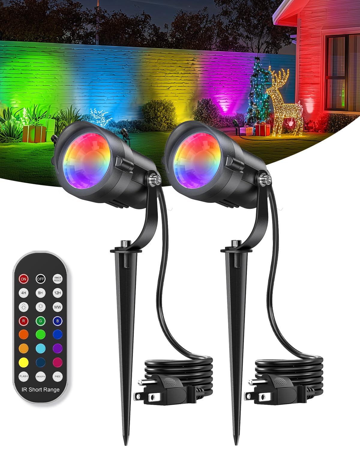 HIBOITEC 12W Christmas Spotlight Outdoor with Remote Plug Timer Color Changing 120V Landscape Lighting Waterproof Dimmable LED S