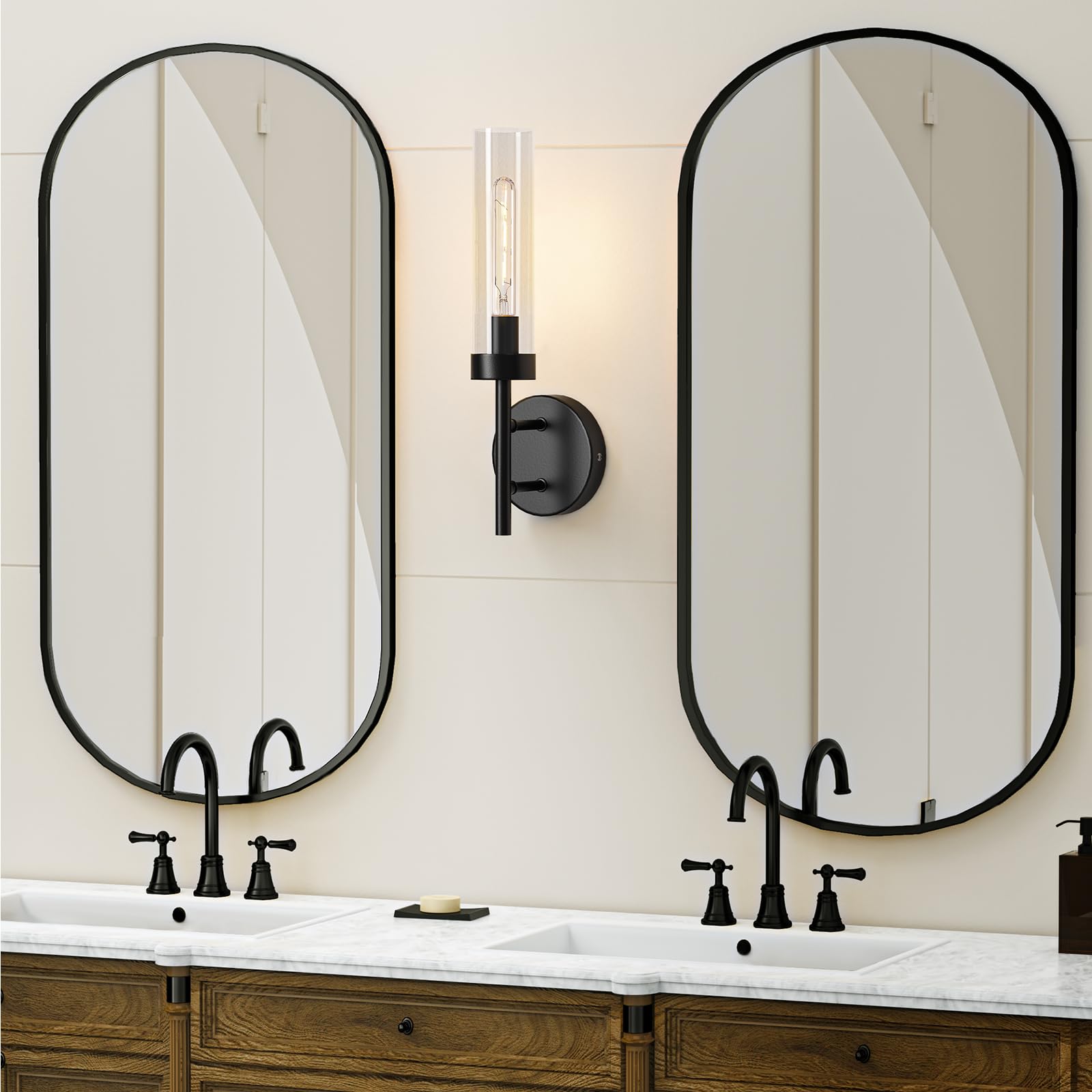 E.P. Light Black Hardwired Wall Sconces Set of 2, Modern Metal Vanity Fixtures with Clear Glass Shade for Bathroom and Living Room, Model EP0101