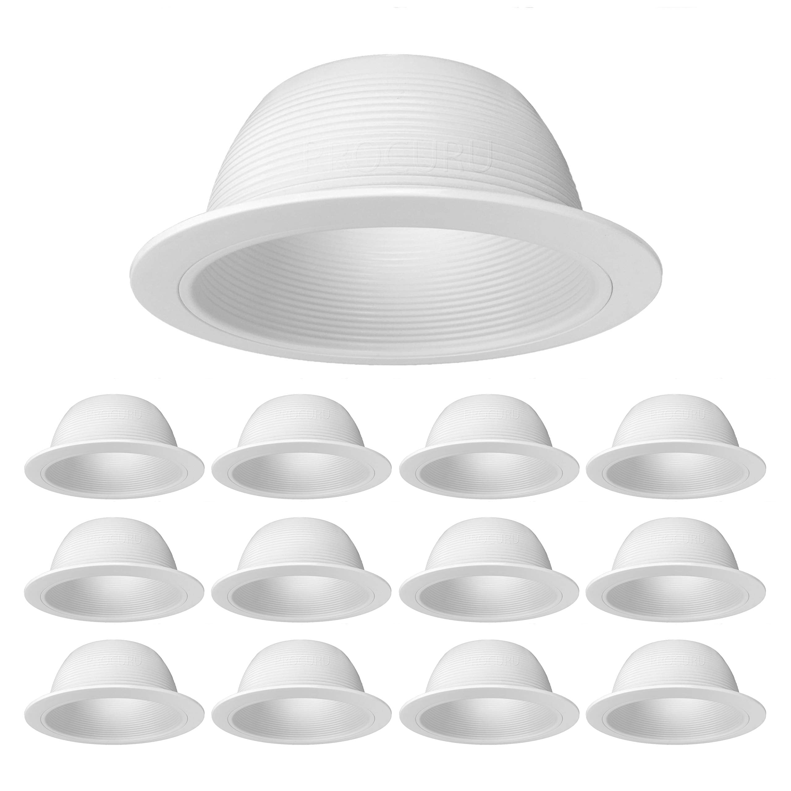 PROCURU 6in Metal Recessed Can Light Trim Cover, Step Baffle, White, 12-Pack, Model PCB630W-12