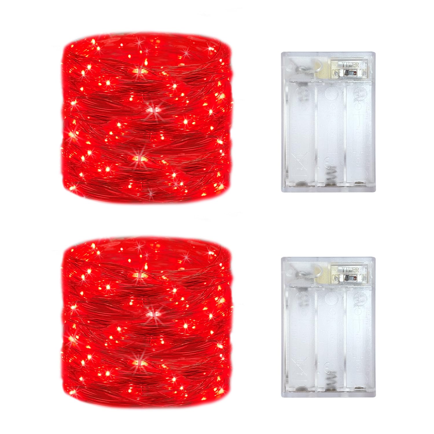 Everfit Lighting 2 Pack Battery Operated Mini LED Fairy Lights, 50 Count, 18 Feet Silver Wire, Red, Timer 6 Hours On/18 Hours Off