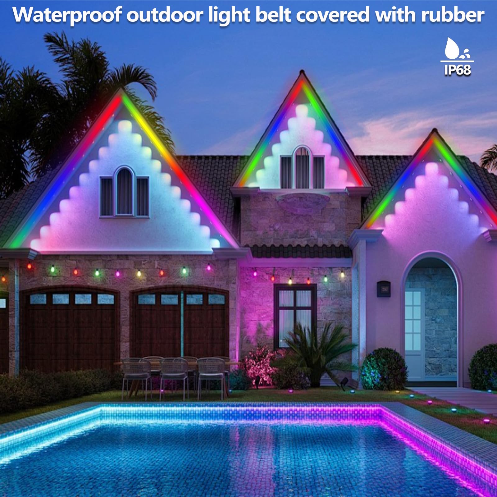 Bvokon LED Strip Light 65.6FT IP68 Waterproof RGBIC Multicolor with App/Remote Control for Outdoor Use