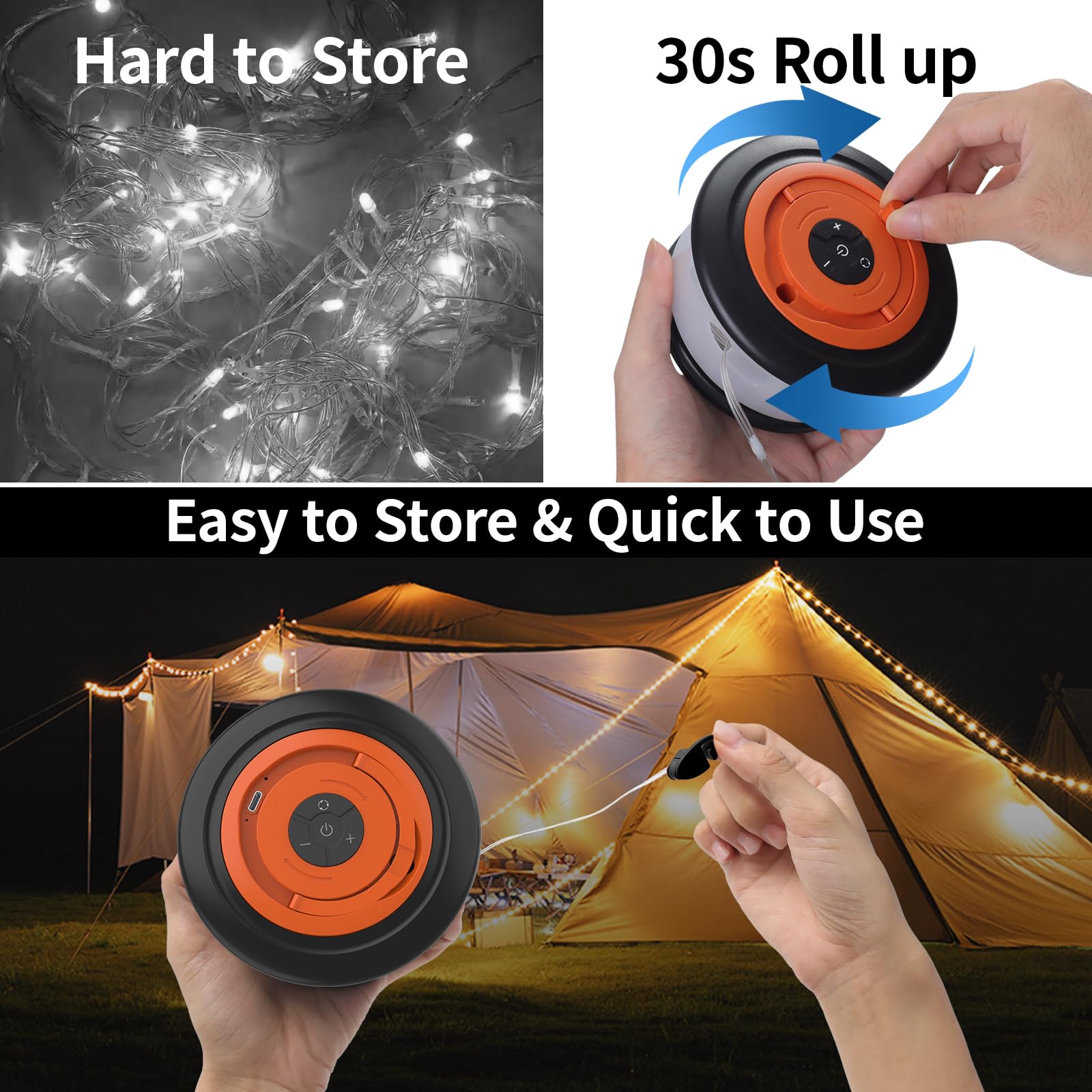 Phylosal Camping String Lights - 3 in 1 Outdoor Light with 6 Modes, 32.8FT Rechargeable Tent Lantern, Black & Orange, Model JSK-L26