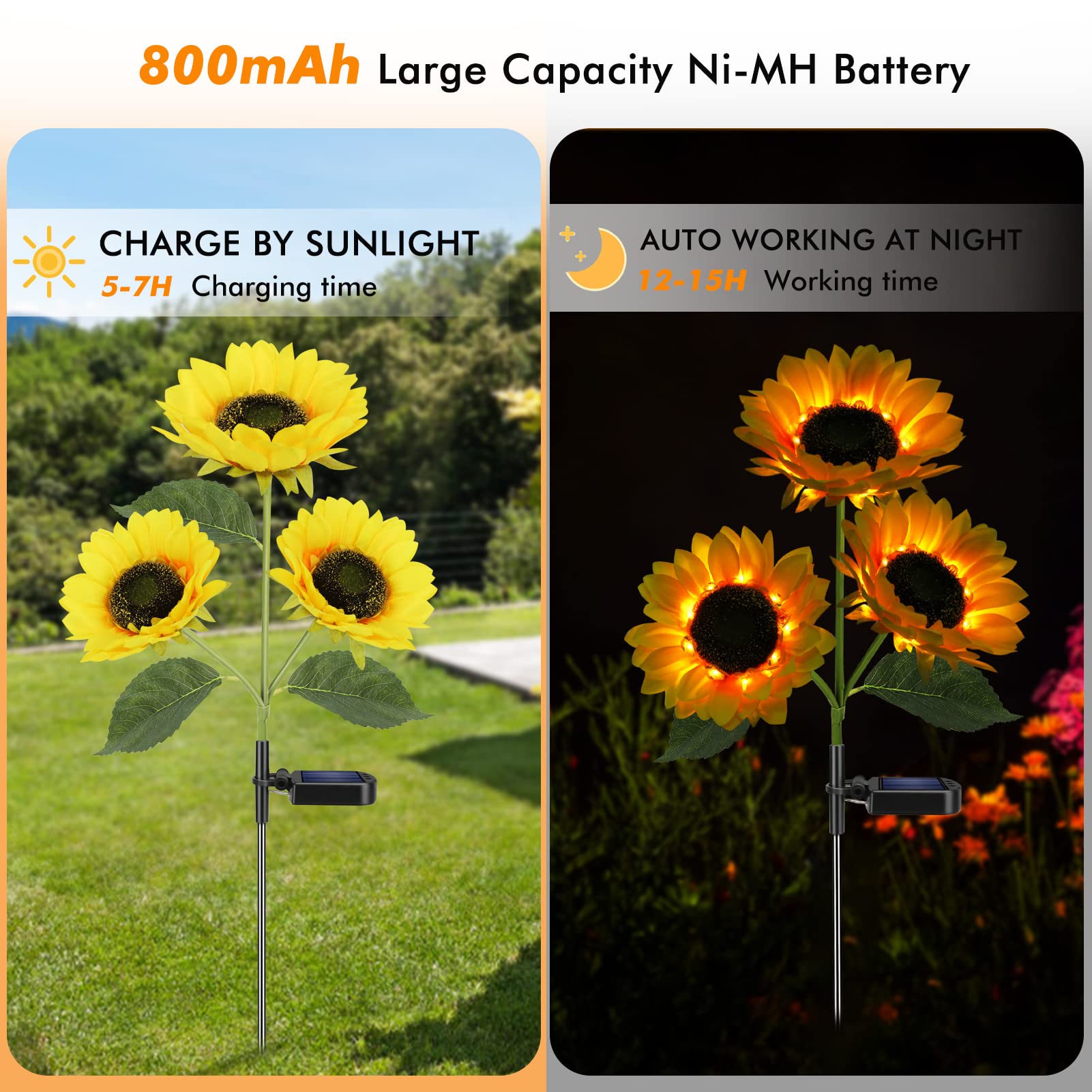 Meagoo Solar Sunflower Lights, 800Ma Solar Garden Light With Real Looking Flowers Outdoor Waterproof Solar Stake Lights For Back