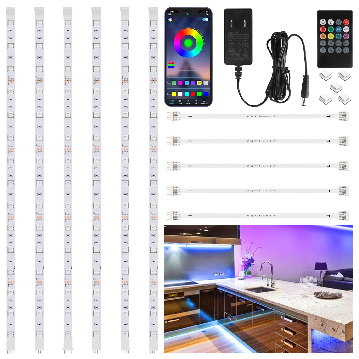 Sixdefly 6 Pcs Rgb Under Cabinet Lighting Kit  App And Remote Control Led Strip Lights  Music Sync Color Changing Led Lights With Etl Listed Power Adapter  For Cabinet  Counter  Shelf  Bookcase  9.8Ft