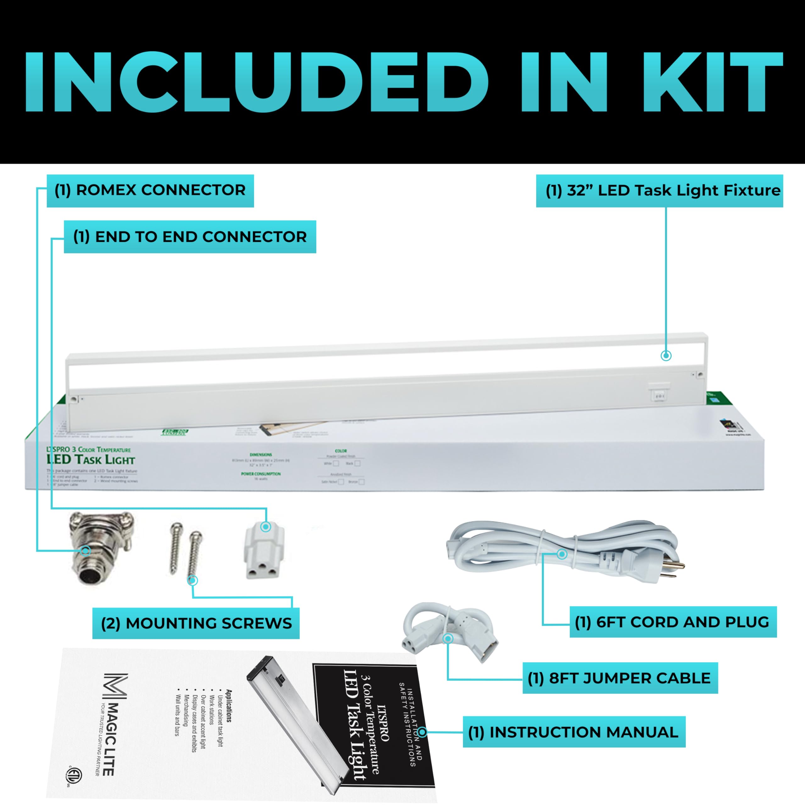 Led Under Cabinet Lighting Hardwired - 3Cct 32 Inch White Finish - Undercabinet Lights For Kitchen - Linkable Undercounter Dimmable Plug In Light Or Hard Wired - Under Counter Fixture Direct Wire