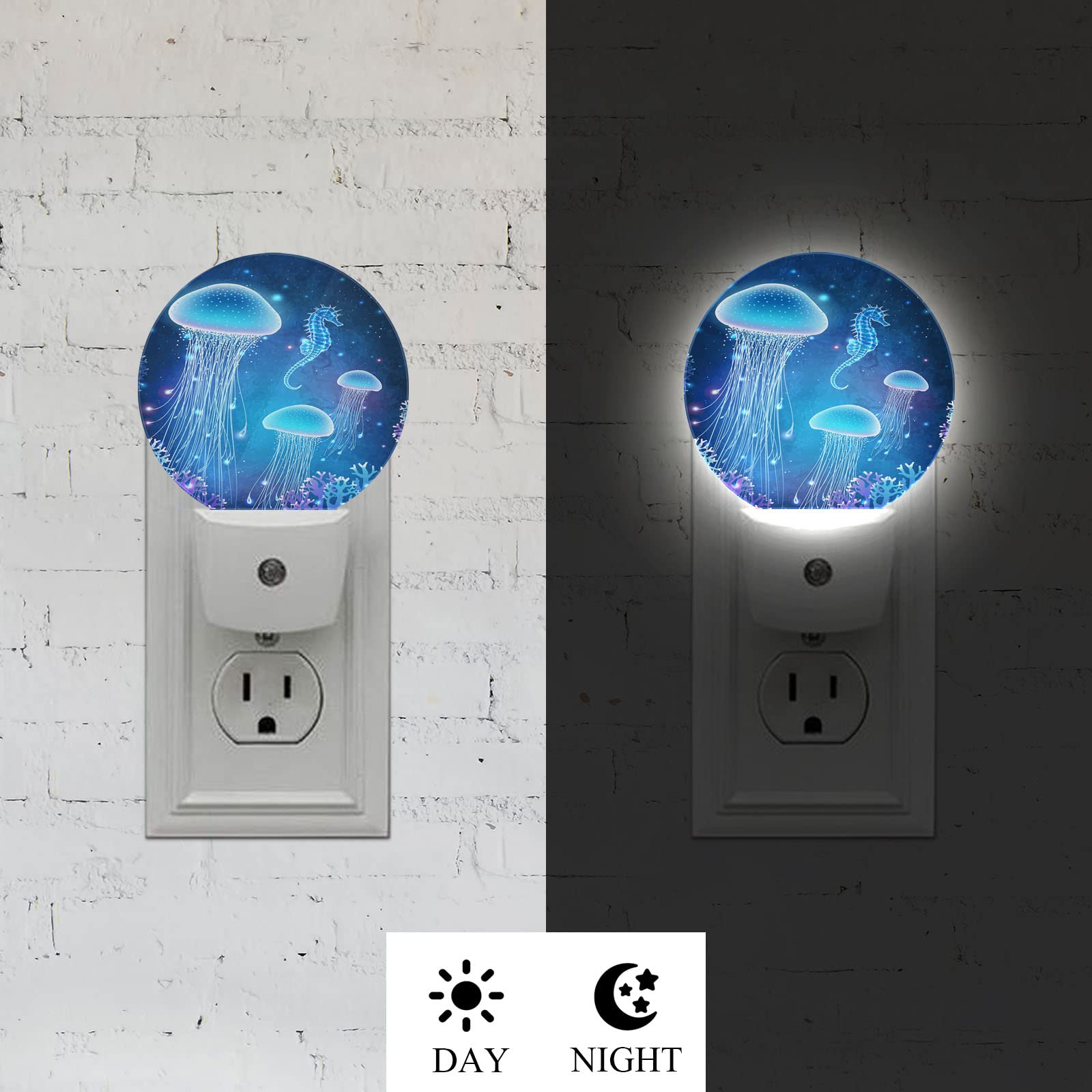 Axayaz Jellyfish And Seahorse Plug In Night Light Fantasy Undersea World Animal With Blue Light Auto Led Lamp Energy Saving Round Lights For Boys Girls Men Women