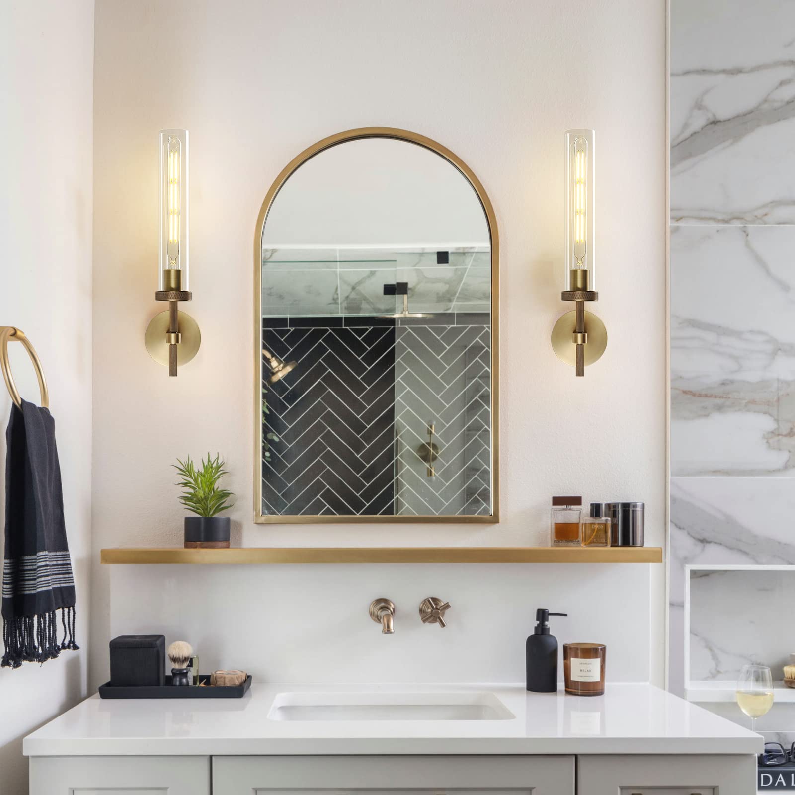 Zhtiechui Brass Wall Sconces Set Of Two, Glass Tube Sconces Wall Lighting, Gold Bathroom Vanity Light Fixtures, Wall Lights For