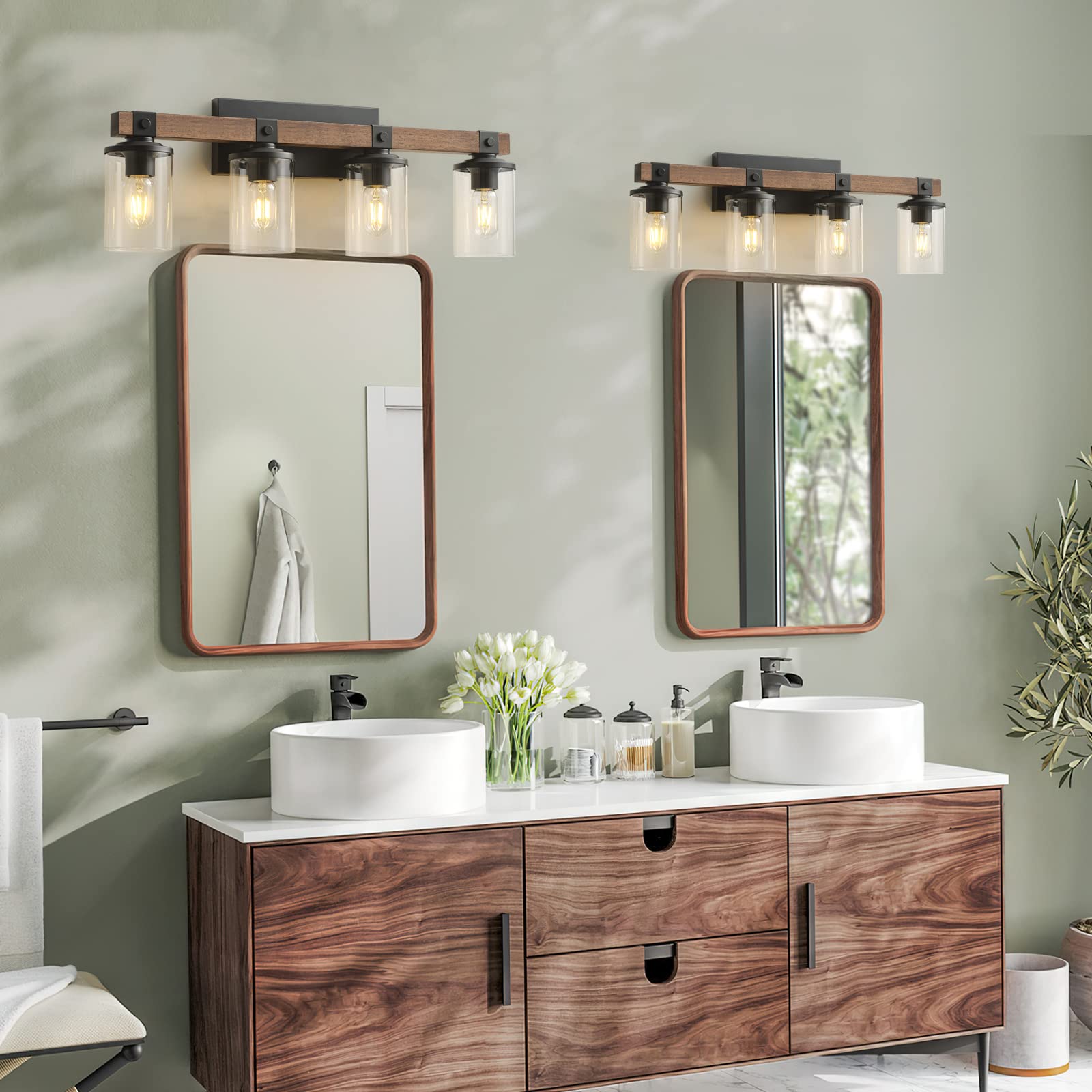 Goyeel 4-Light Rustic Bathroom Vanity Light, Antique Wood & Metal, Industrial Wall Sconce
