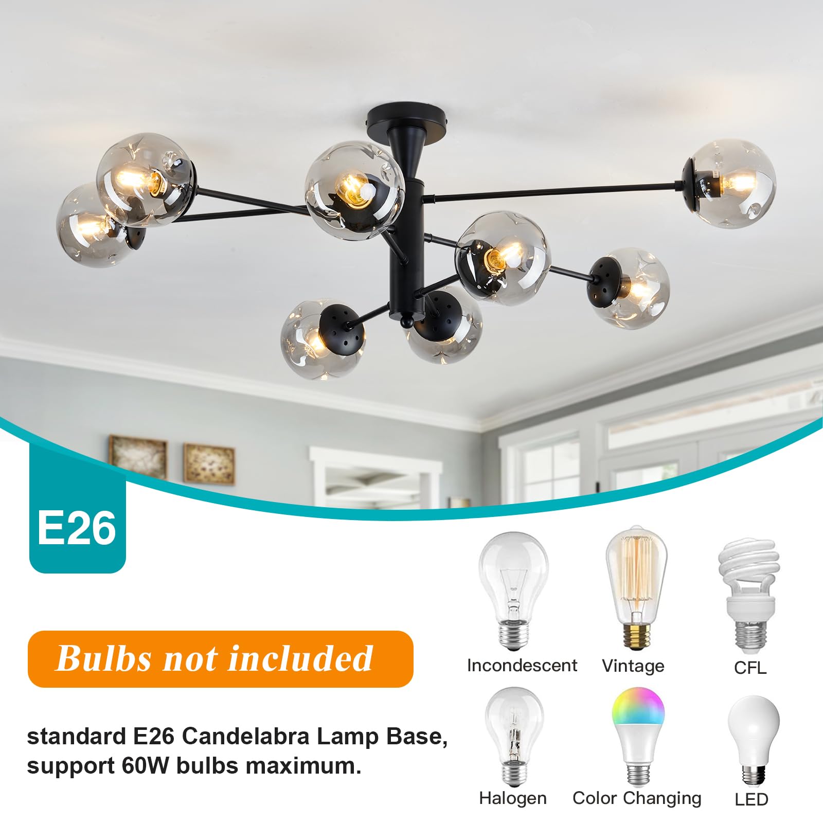 hesoge Modern Sputnik Ceiling Light Fixture - 8 Light Semi Flush Mount Chandelier, Black Iron with Glass Globes for Dining Room, Model H-1321
