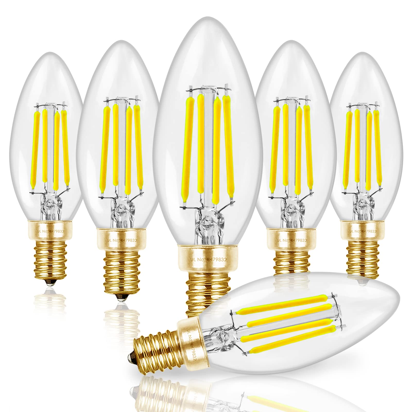 Hizashi E12 LED Bulb Dimmable 60W Equivalent, Chandelier Light Bulbs Daylight 5000K, Candelabra LED Bulbs 90+CRI 6W 550LM B11 Type B LED Candle Bulb with Candelabra Base, UL Listed, 6 Pack