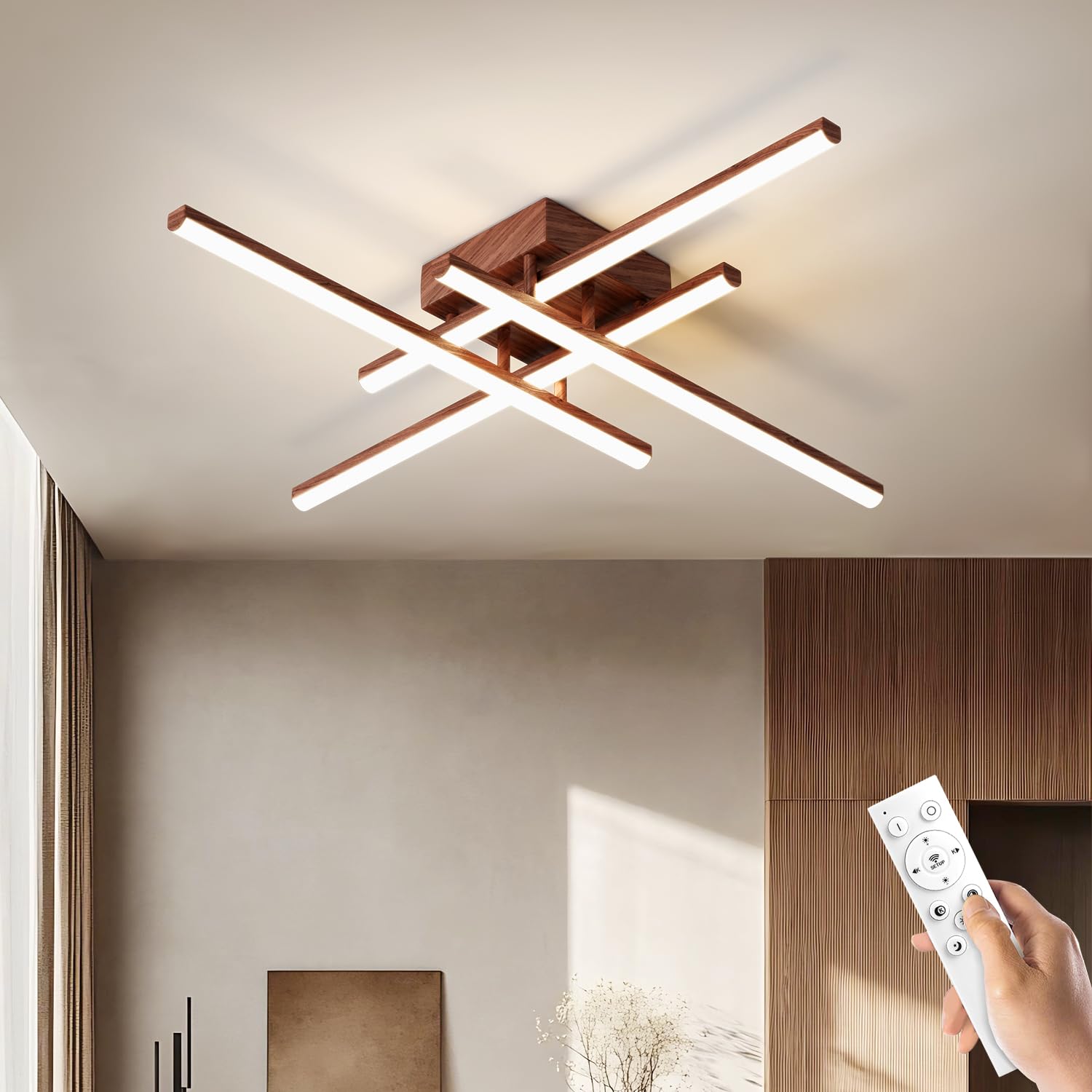 JFHTNFJ Modern Sputnik Ceiling Light Fixture LED Dimmable with Remote Control 4-Light Wood Color Chandelier for Bedroom, Kitchen, Living Room