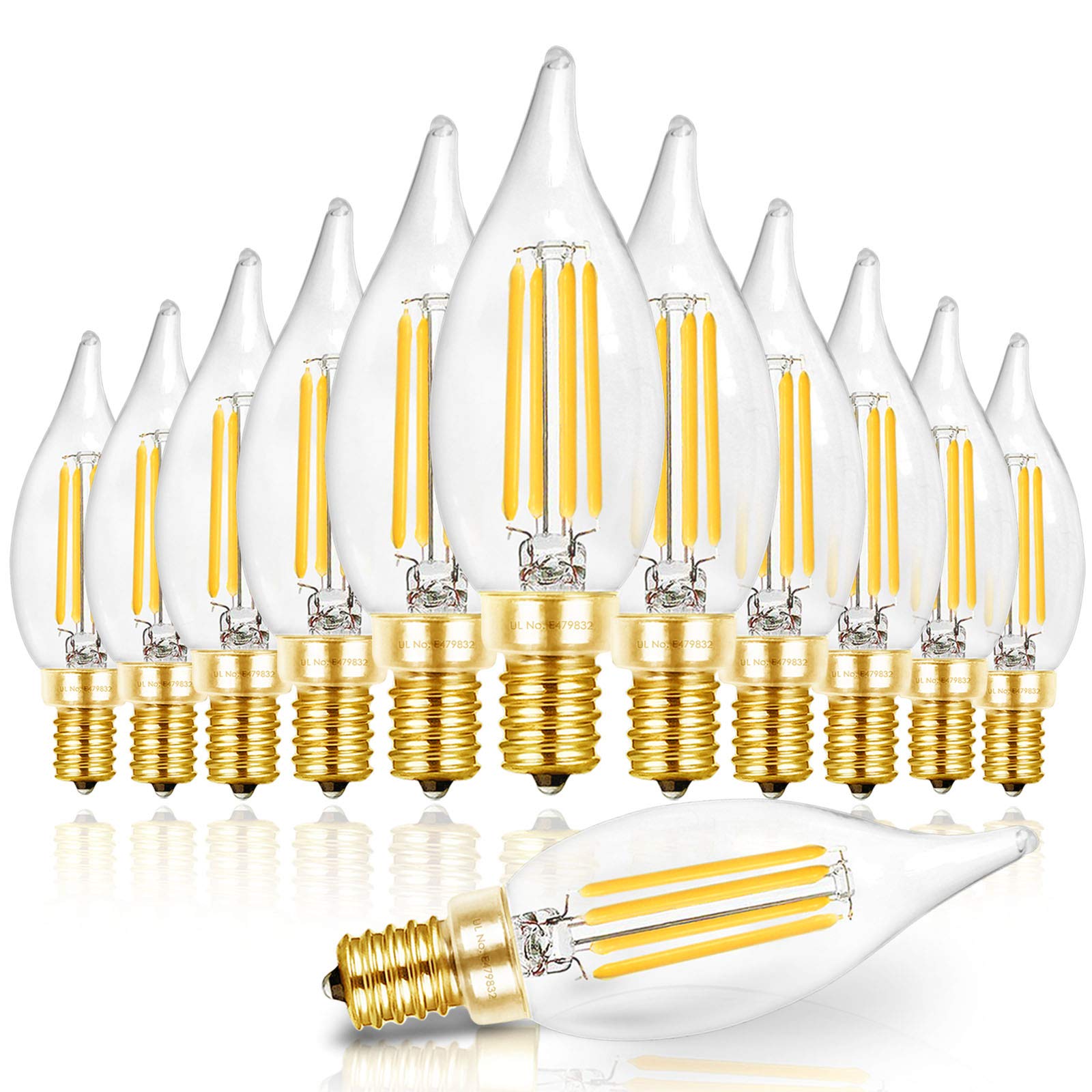 Hizashi Candelabra LED Light Bulbs, E12 40W Dimmable, 450LM, 5000K Daylight White, 12 Pack, Glass, CA10 Flame