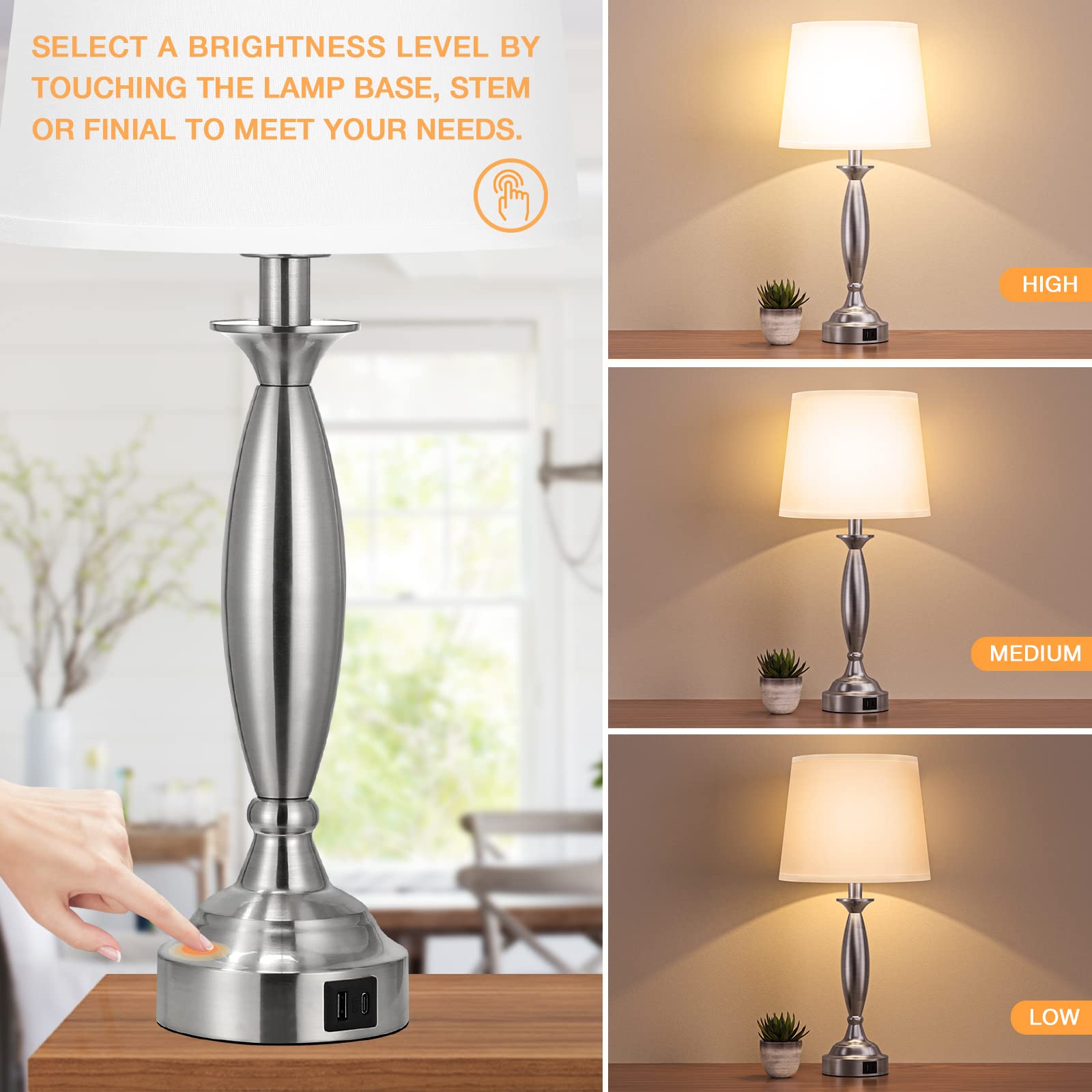 Seealle Touch Control Bedside Lamps Set of 2 - 3 Way Dimmable, USB Port, Metal, 22.5in, White Shade and Nickel Base